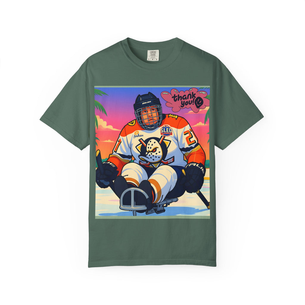 Hockey Tropics T‑Shirt — Sled Hockey Player with "Thank You" Graphic