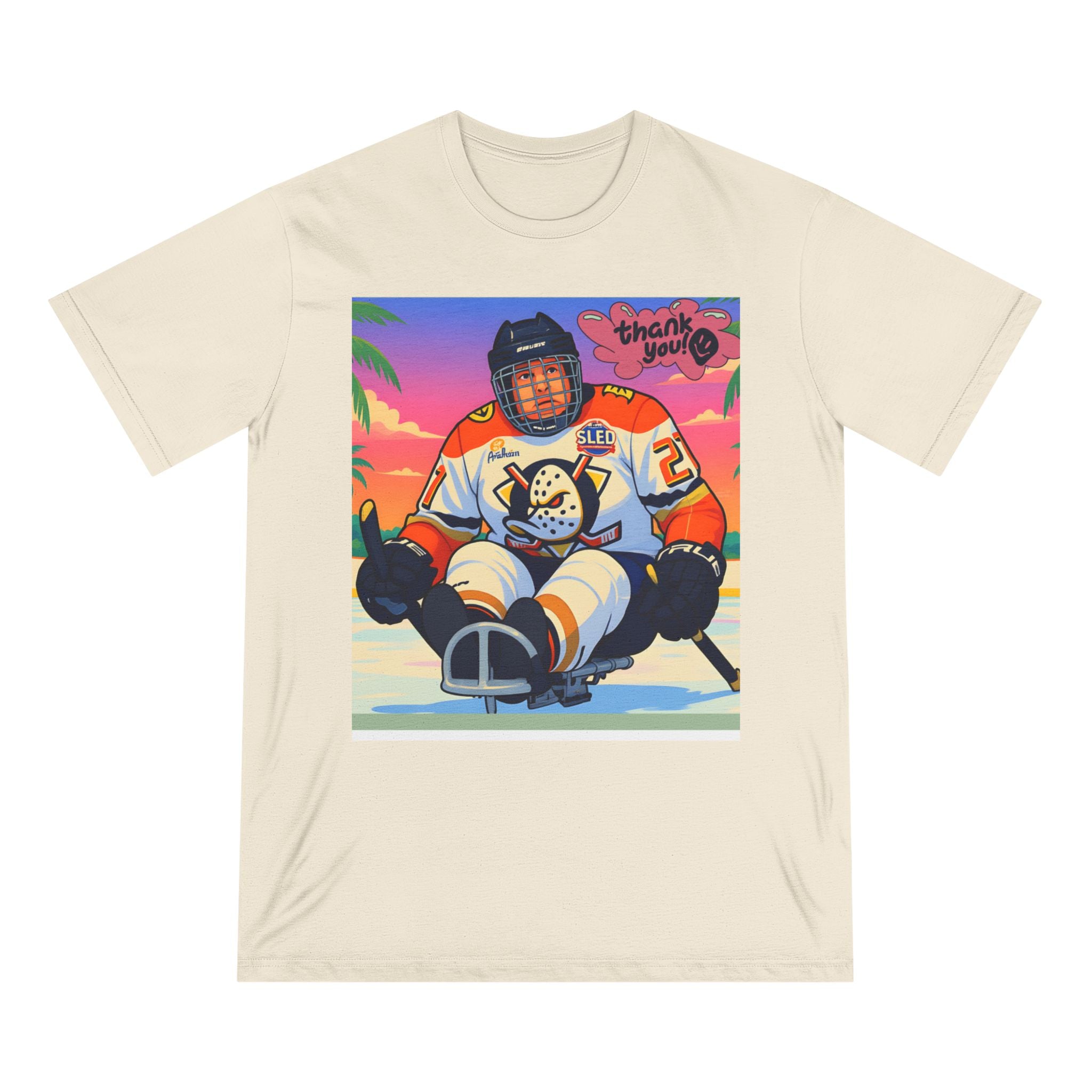 Hockey Sled Player Graphic T-Shirt — "Thank You" Retro Beach Vibe