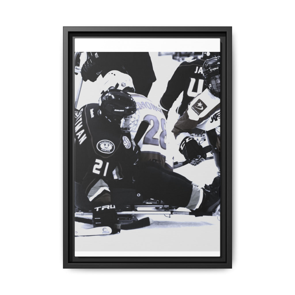 Framed Hockey Action Matte Canvas Print — Black & White Sports Wall Art