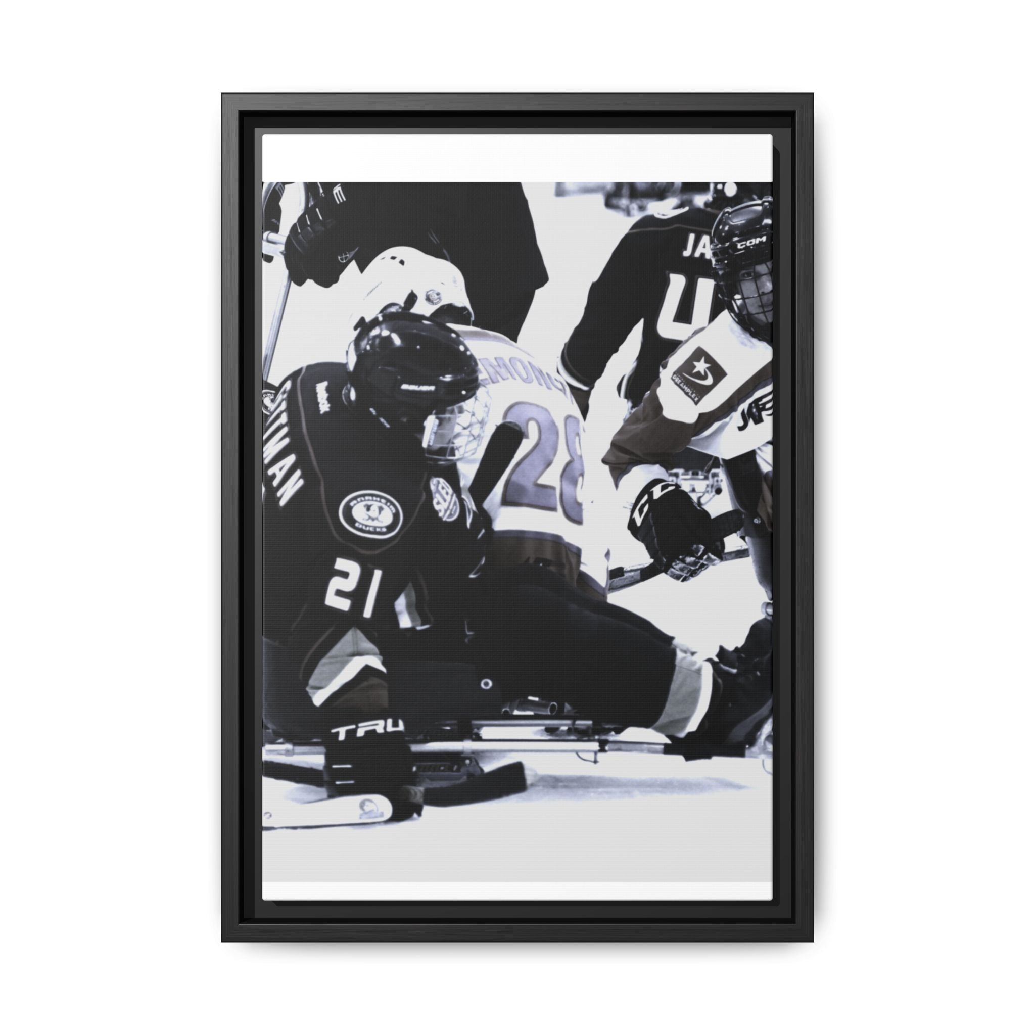 Framed Hockey Action Matte Canvas Print — Black & White Sports Wall Art