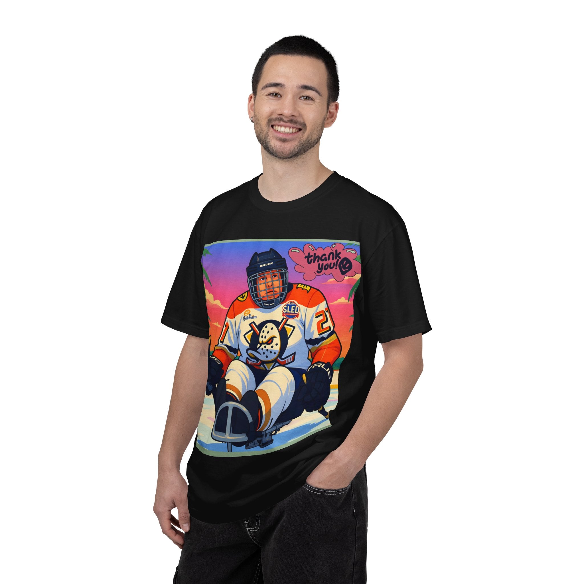 Hockey Tropics T‑Shirt — Sled Hockey Player with "Thank You" Graphic