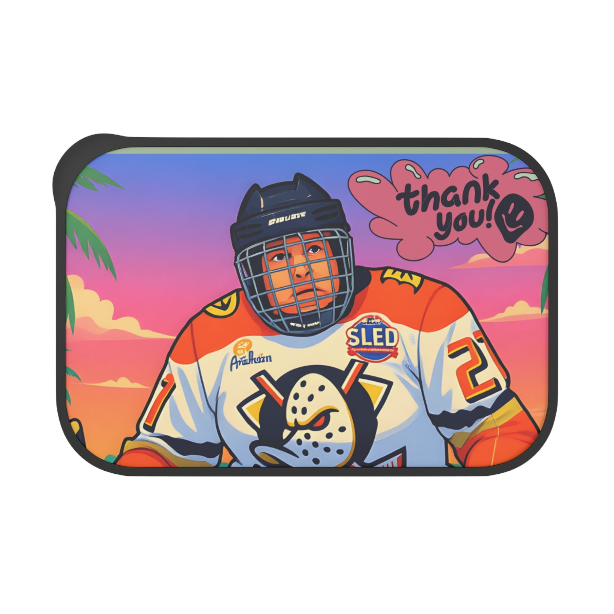 Bento Box — Retro Hockey Player Design (’Thank You!’) with Band & Utensils