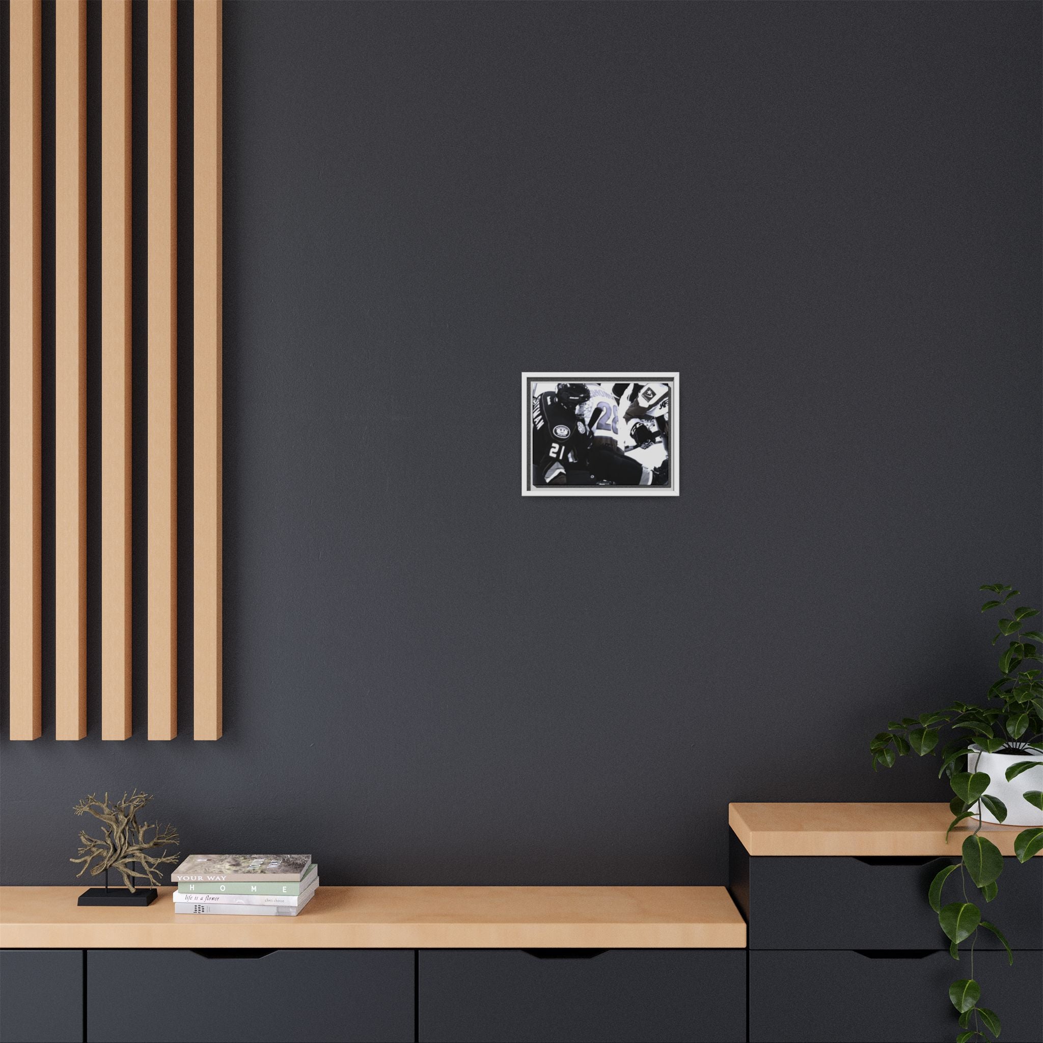 Framed Hockey Action Matte Canvas Print — Black & White Sports Wall Art