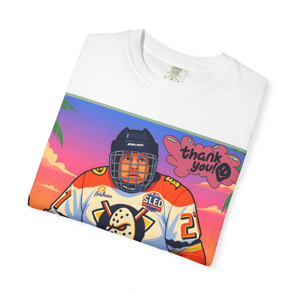 Hockey Tropics T‑Shirt — Sled Hockey Player with "Thank You" Graphic