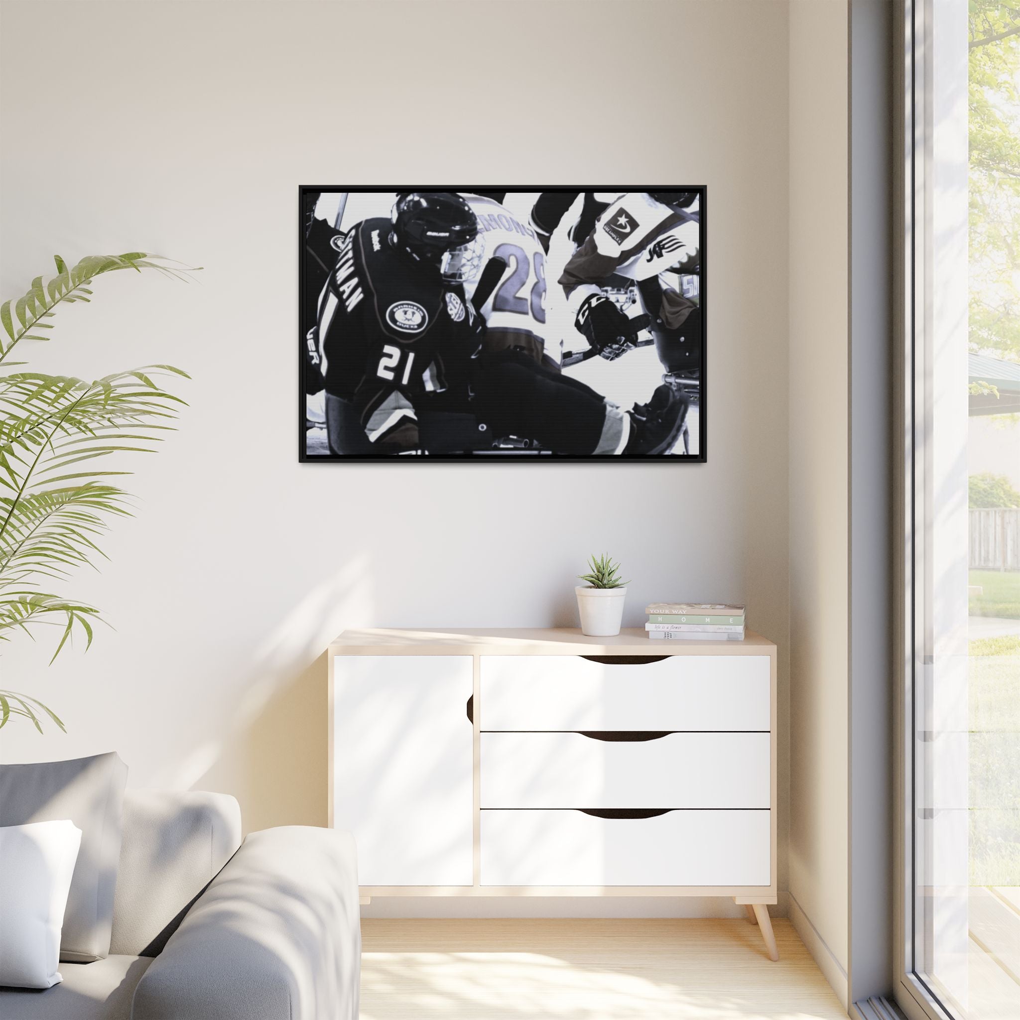 Framed Hockey Action Matte Canvas Print — Black & White Sports Wall Art