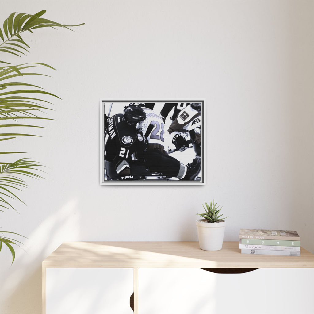 Framed Hockey Action Matte Canvas Print — Black & White Sports Wall Art