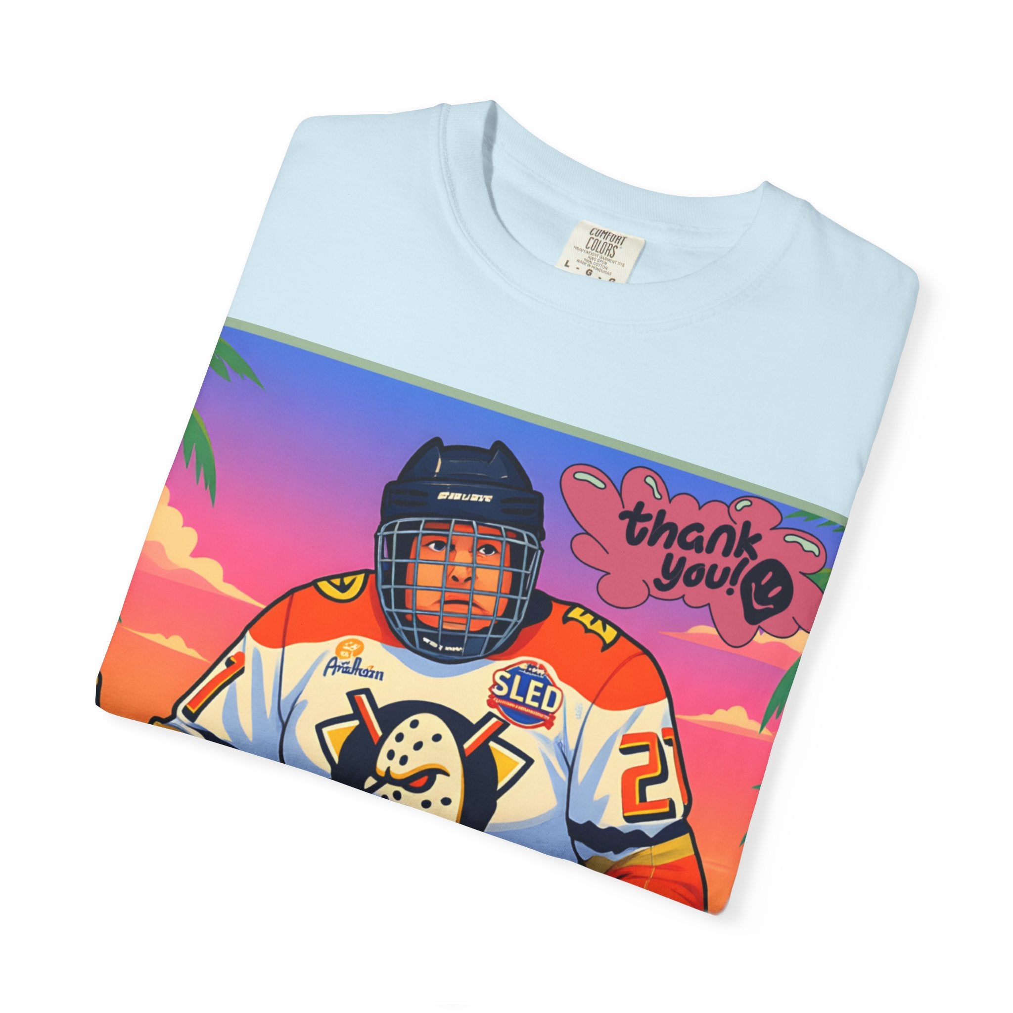 Hockey Tropics T‑Shirt — Sled Hockey Player with "Thank You" Graphic