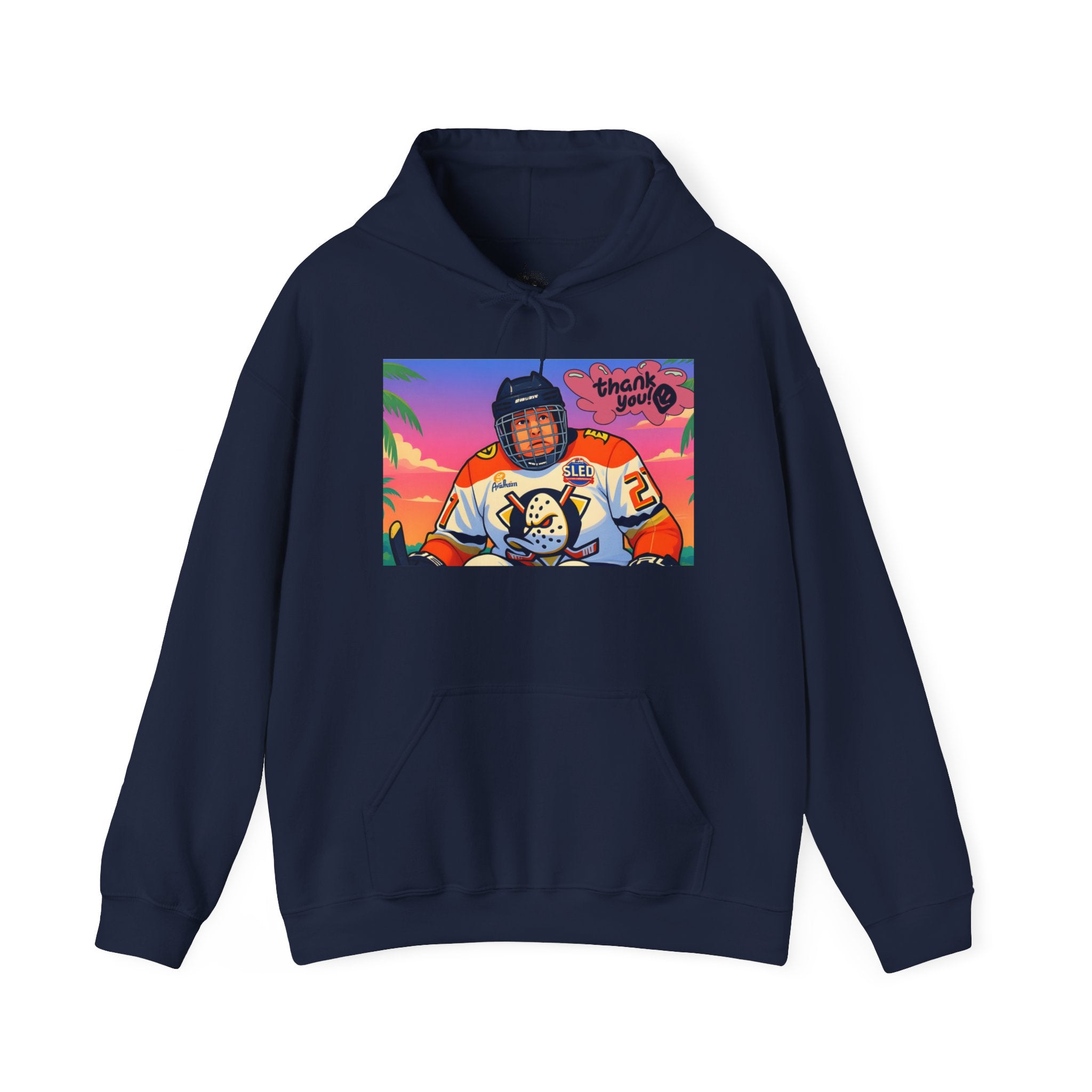 Hockey Player Retro Sunset Hoodie — Vintage Anaheim Skate Jersey Graphic