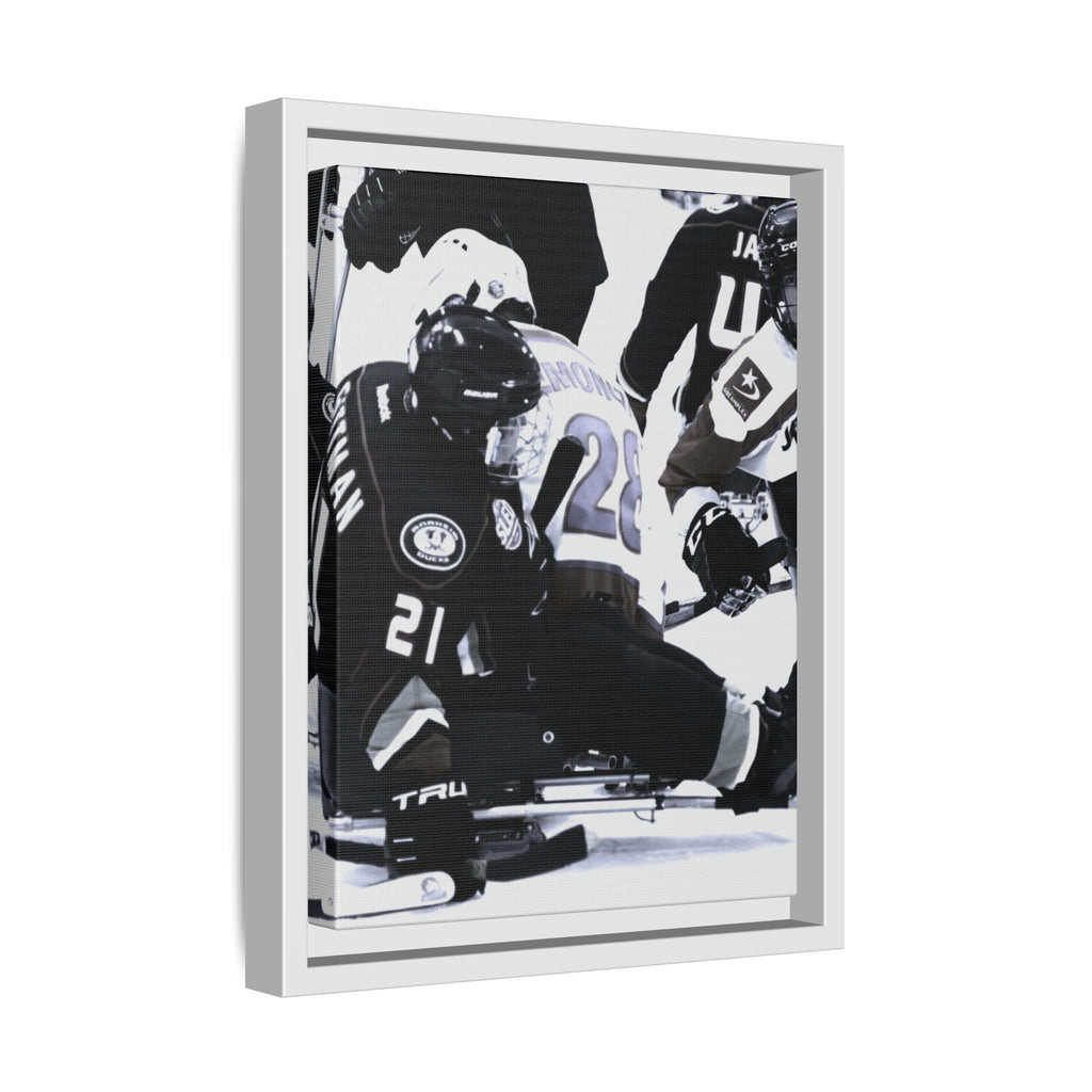 Framed Hockey Action Matte Canvas Print — Black & White Sports Wall Art
