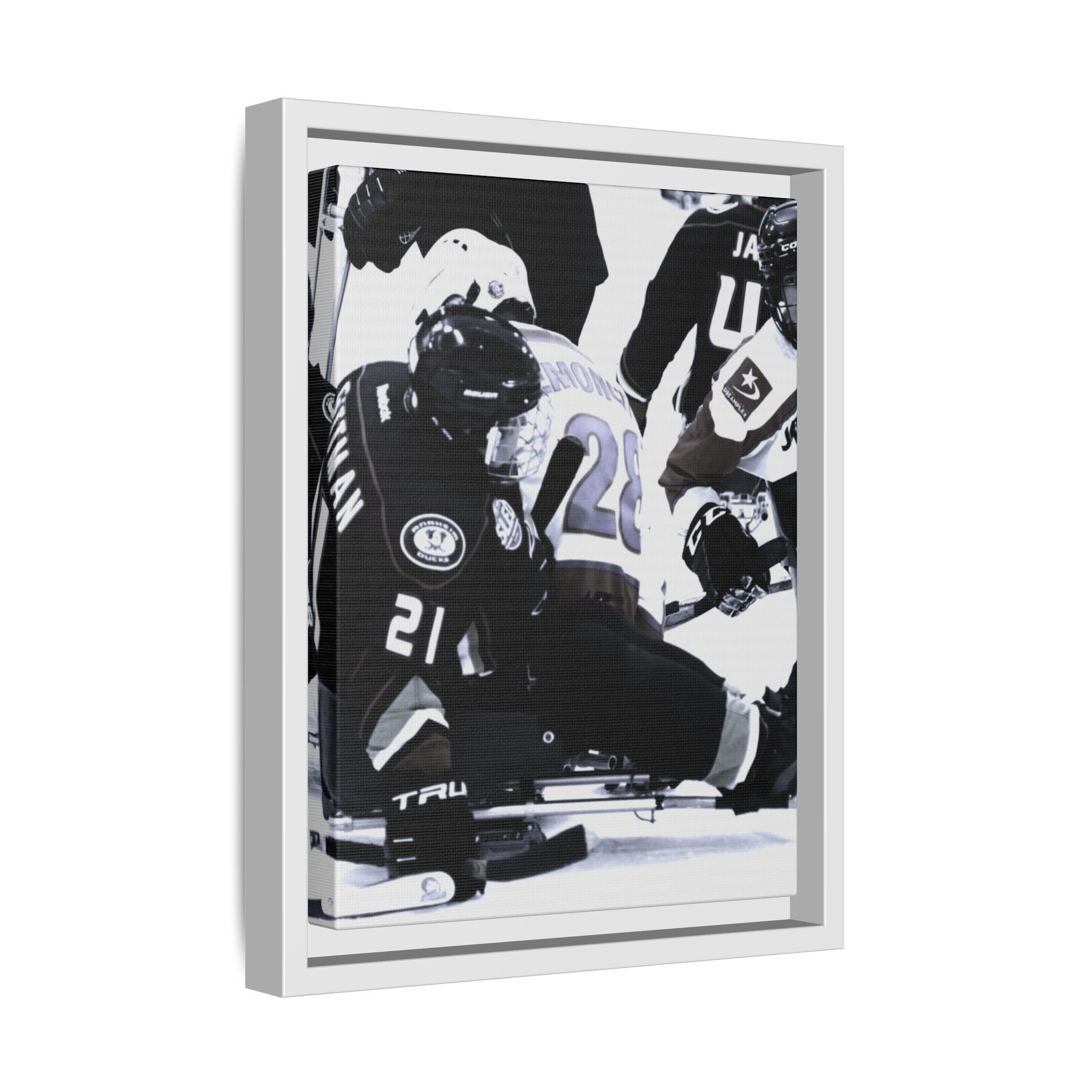 Framed Hockey Action Matte Canvas Print — Black & White Sports Wall Art