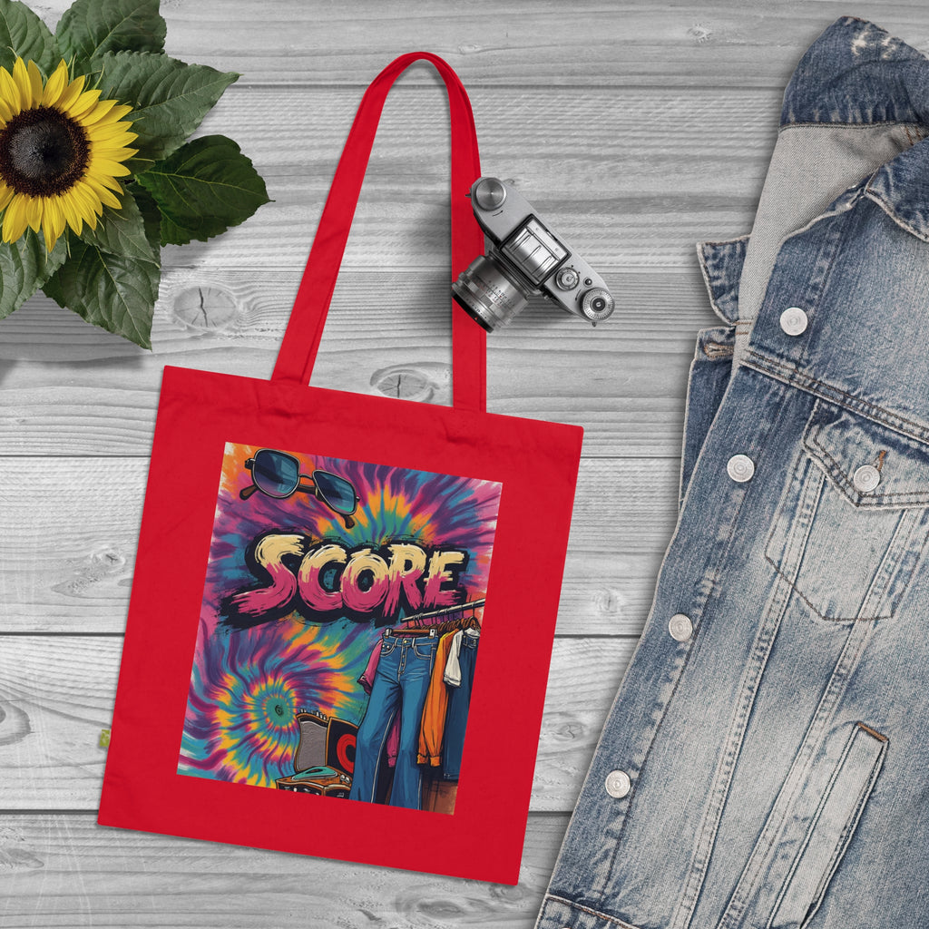 Score Tie-Dye Tote Bag — Retro 70s Skateboard Graphic Organic Cotton Tote