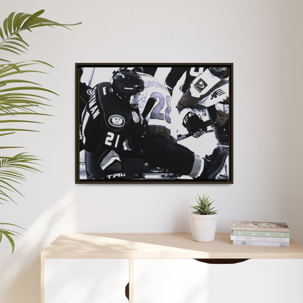 Framed Hockey Action Matte Canvas Print — Black & White Sports Wall Art