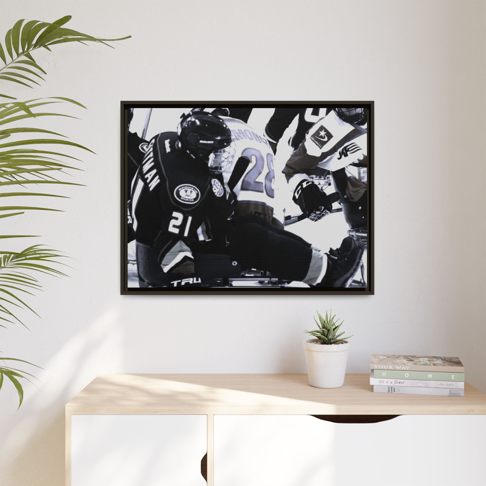 Framed Hockey Action Matte Canvas Print — Black & White Sports Wall Art