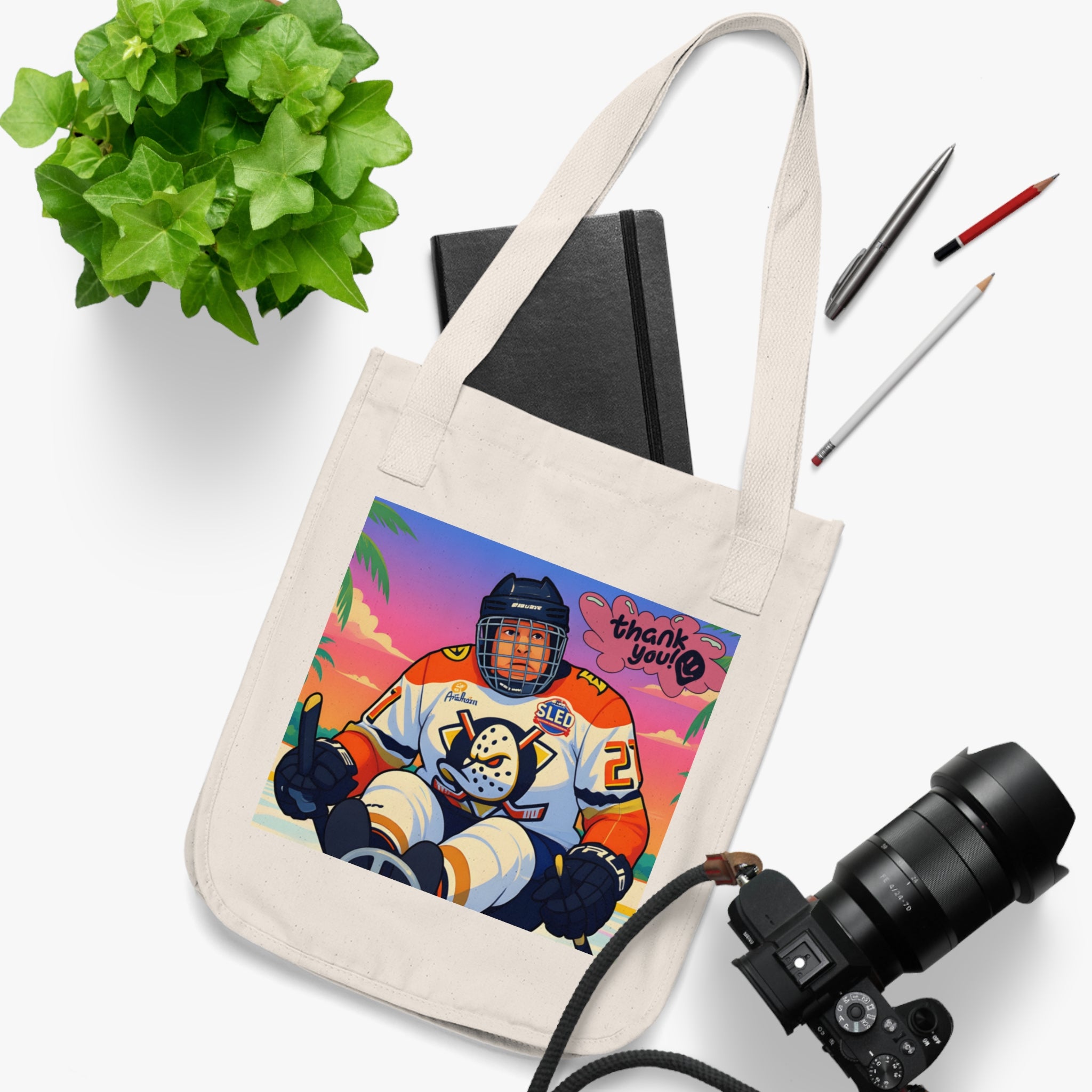 Tote Bag — Retro Hockey Player Illustration "Thank You" Canvas Tote