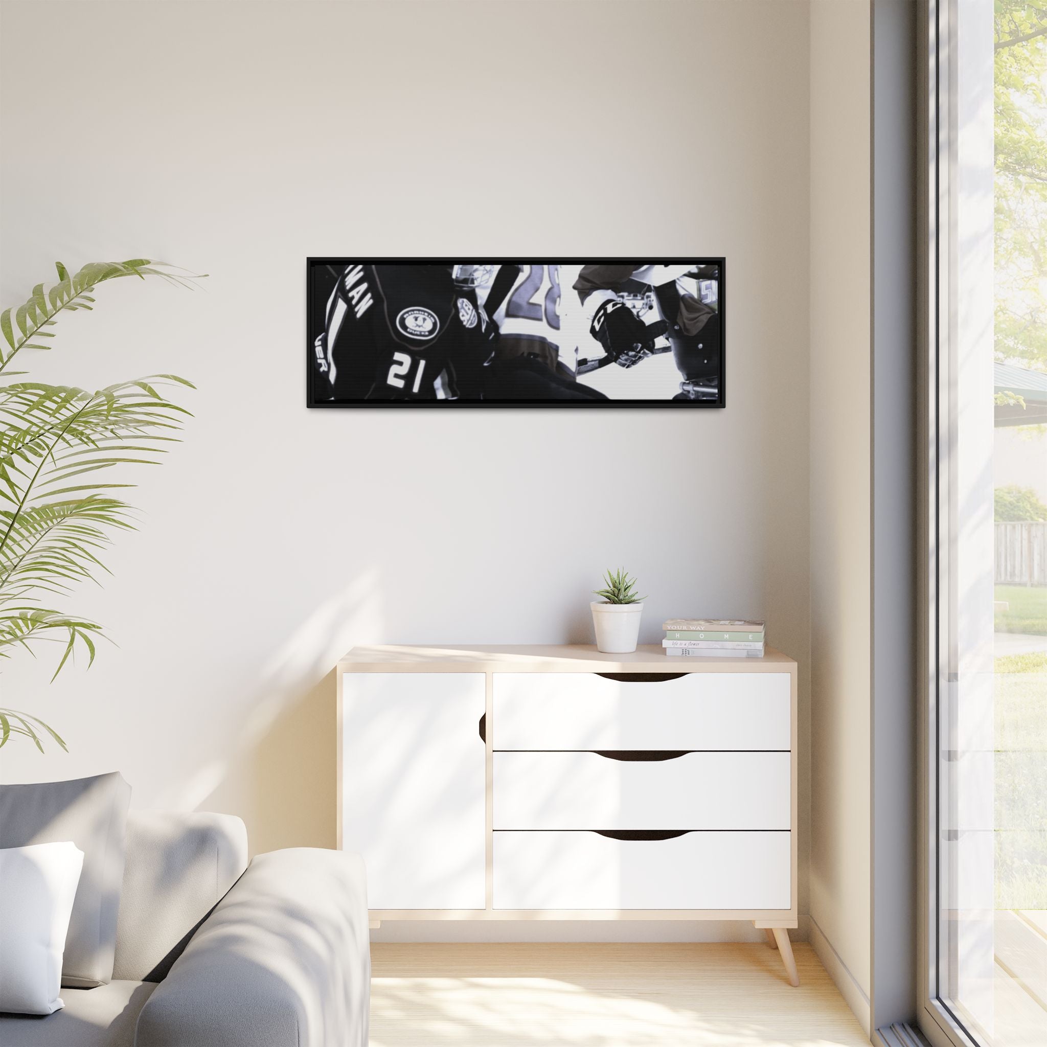Framed Hockey Action Matte Canvas Print — Black & White Sports Wall Art