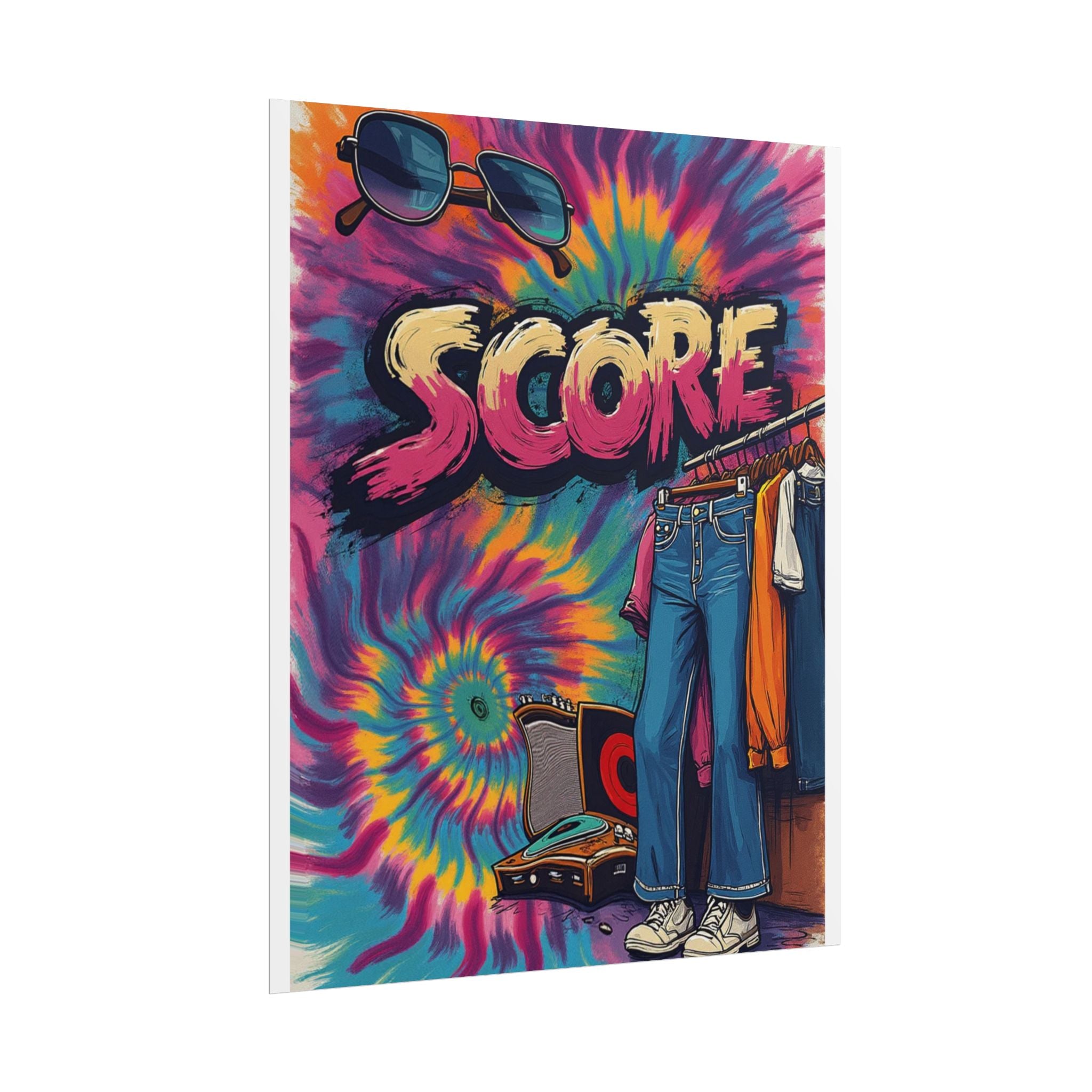 Score Tie-Dye Retro Poster — Vintage 70s Clothes & Record Player Wall Art
