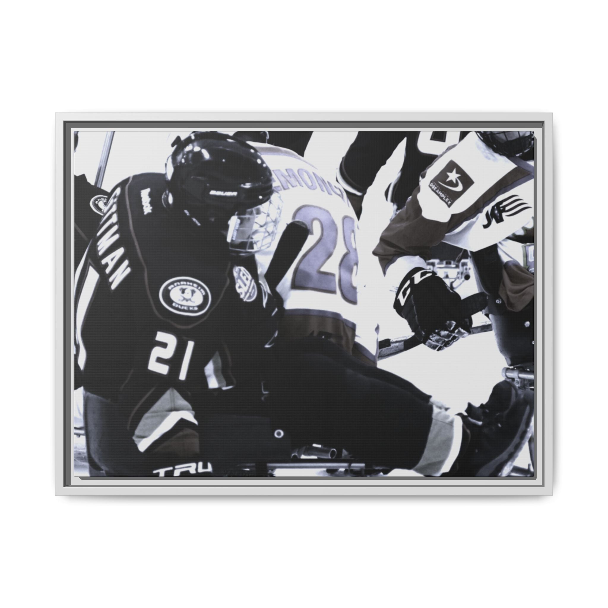 Framed Hockey Action Matte Canvas Print — Black & White Sports Wall Art