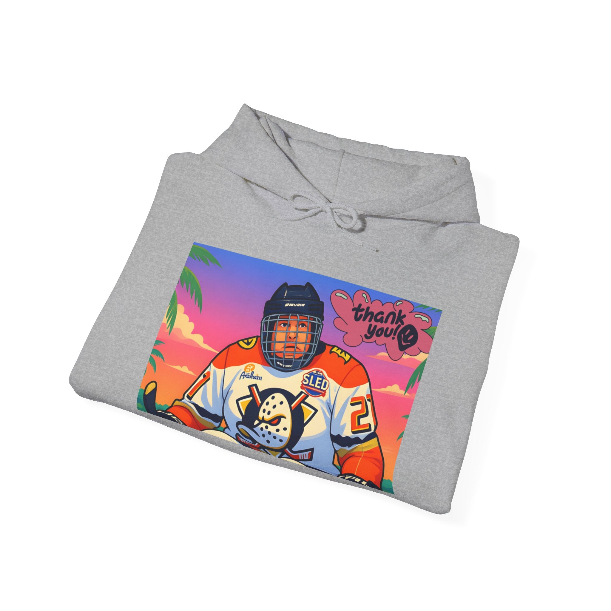 Hockey Player Retro Sunset Hoodie — Vintage Anaheim Skate Jersey Graphic
