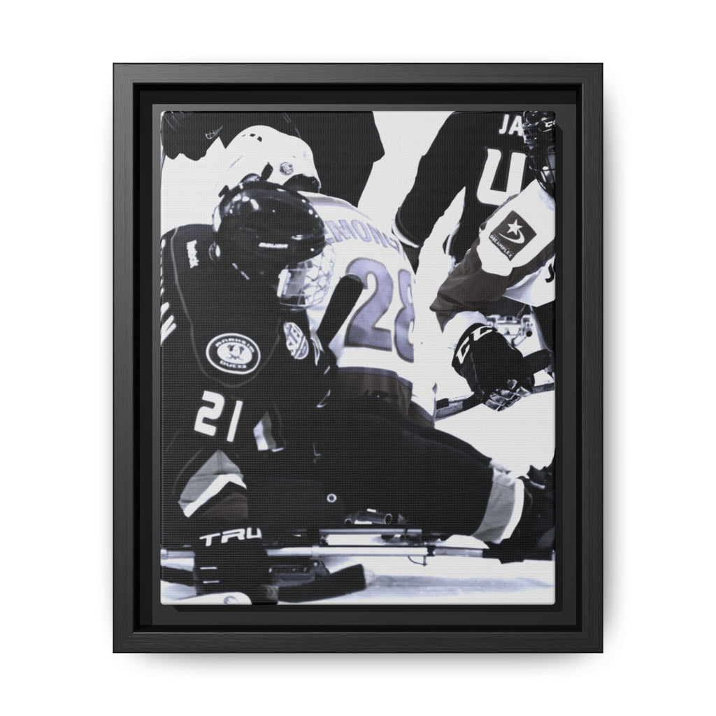 Framed Hockey Action Matte Canvas Print — Black & White Sports Wall Art