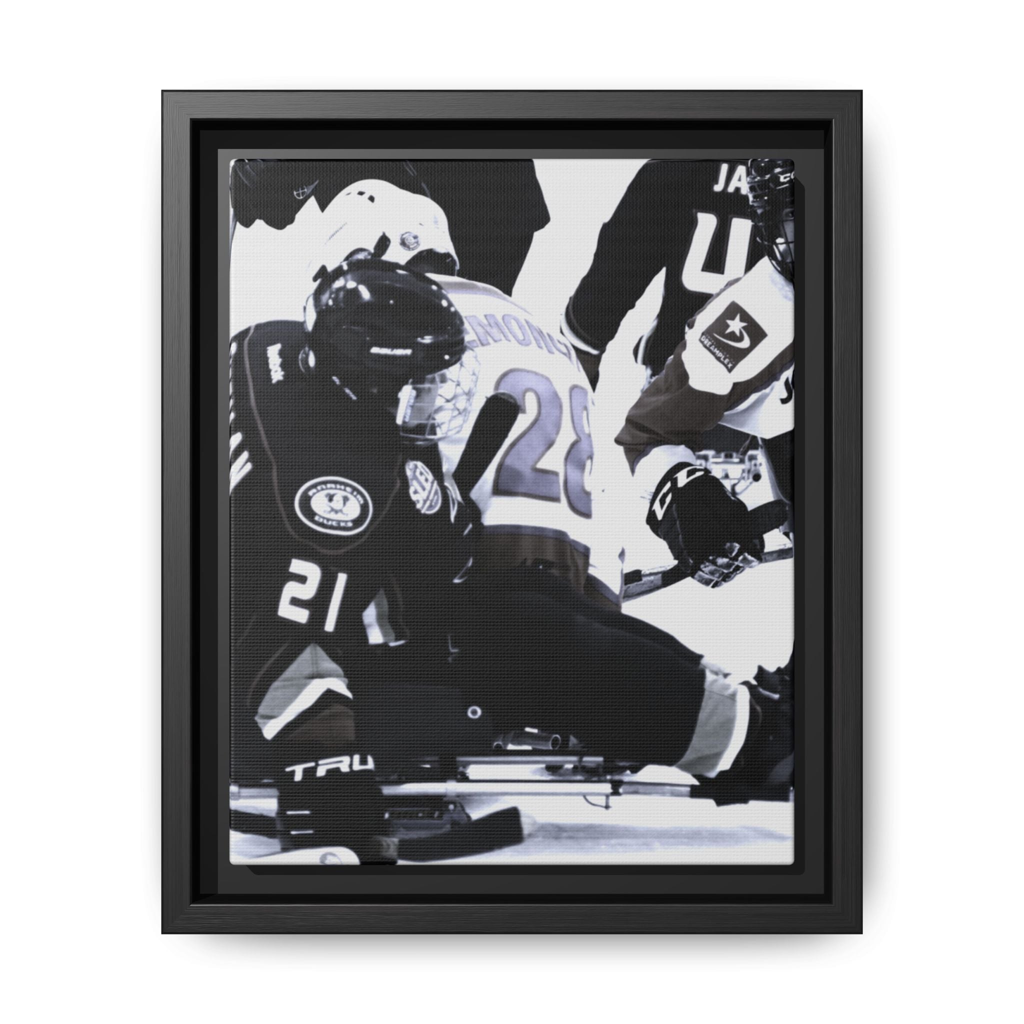 Framed Hockey Action Matte Canvas Print — Black & White Sports Wall Art