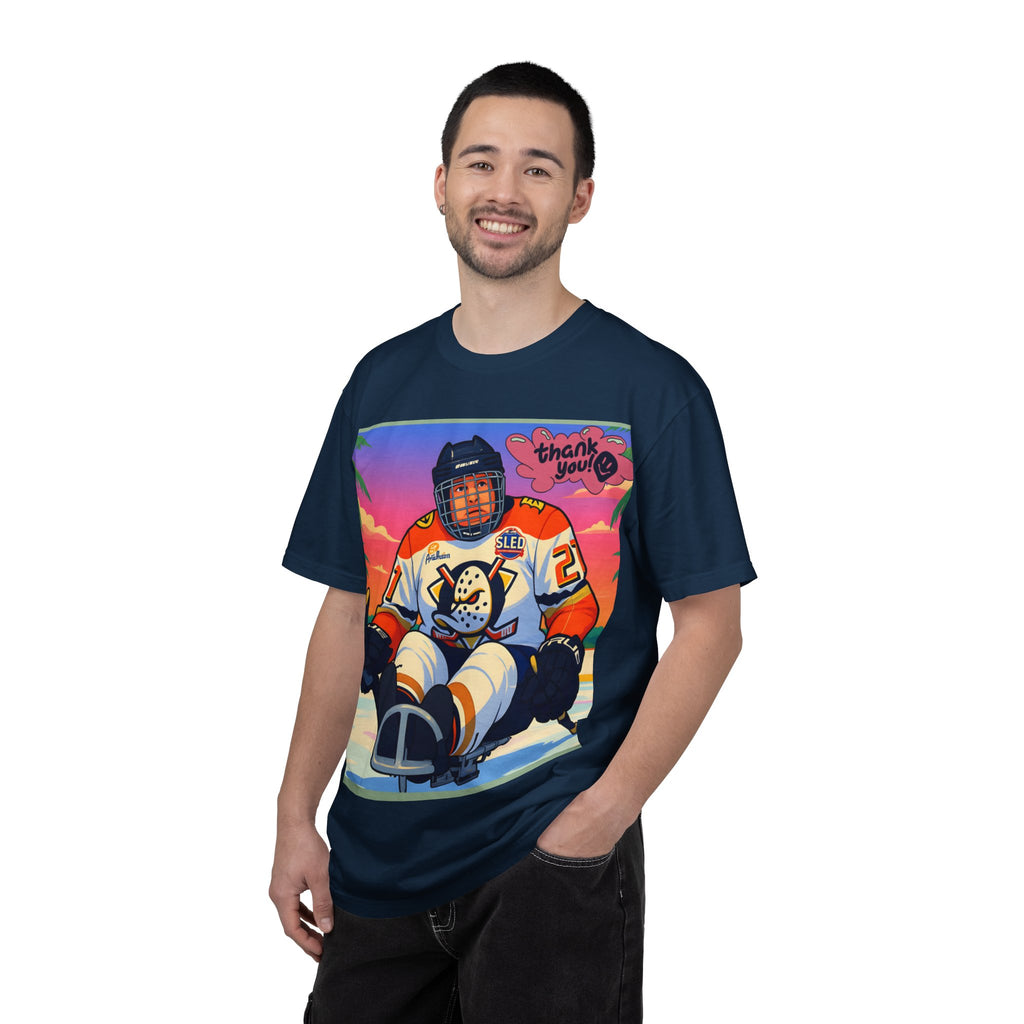Hockey Tropics T‑Shirt — Sled Hockey Player with "Thank You" Graphic