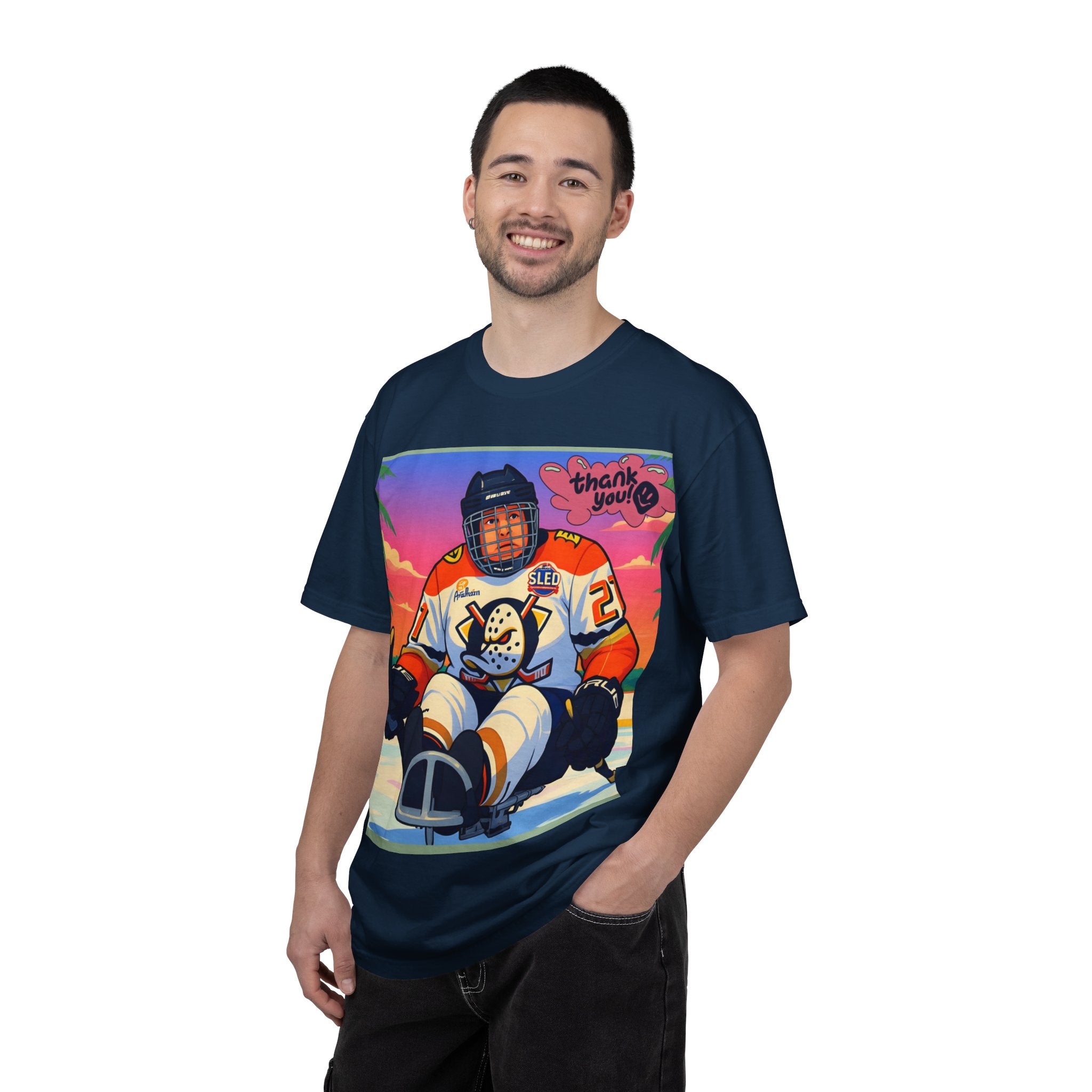 Hockey Tropics T‑Shirt — Sled Hockey Player with "Thank You" Graphic