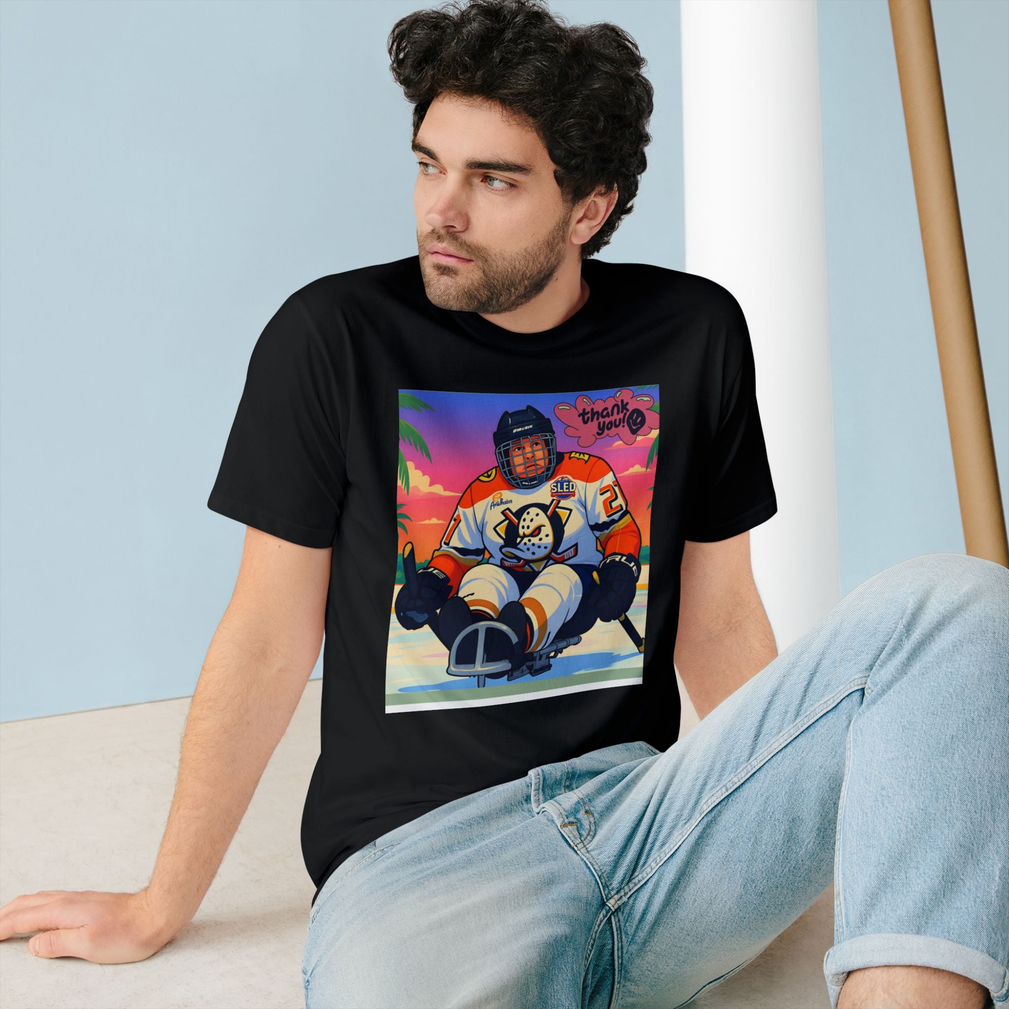 Hockey Sled Player Graphic T-Shirt — "Thank You" Retro Beach Vibe