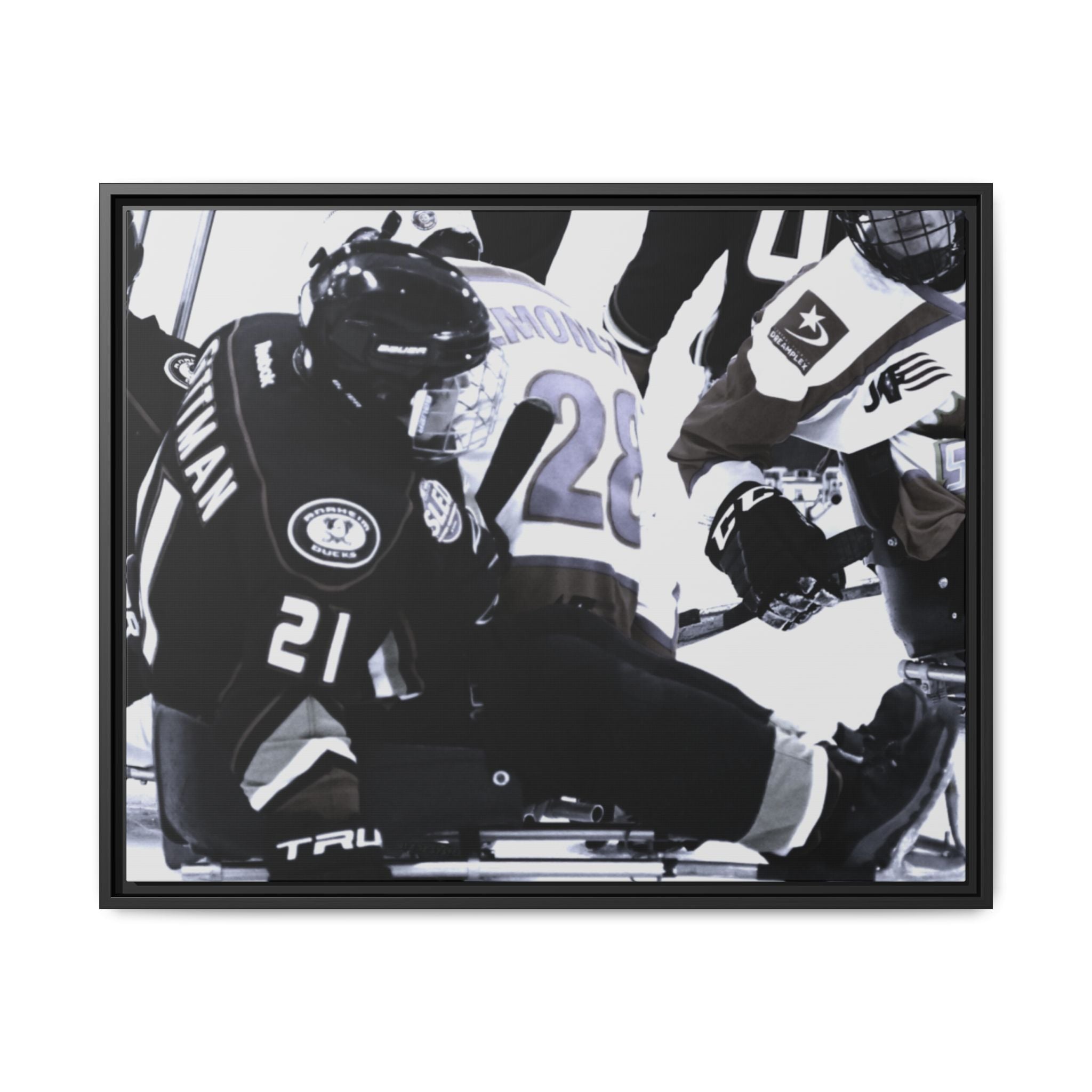 Framed Hockey Action Matte Canvas Print — Black & White Sports Wall Art