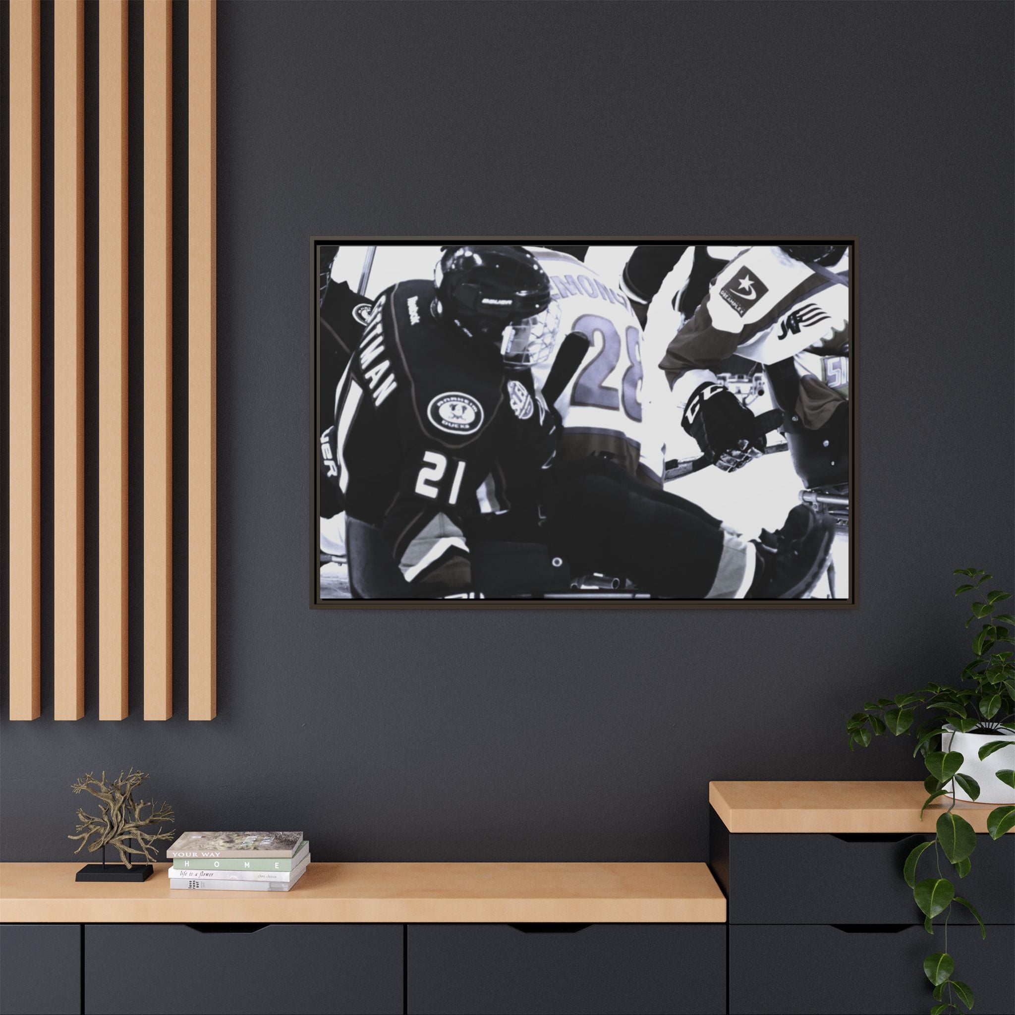 Framed Hockey Action Matte Canvas Print — Black & White Sports Wall Art