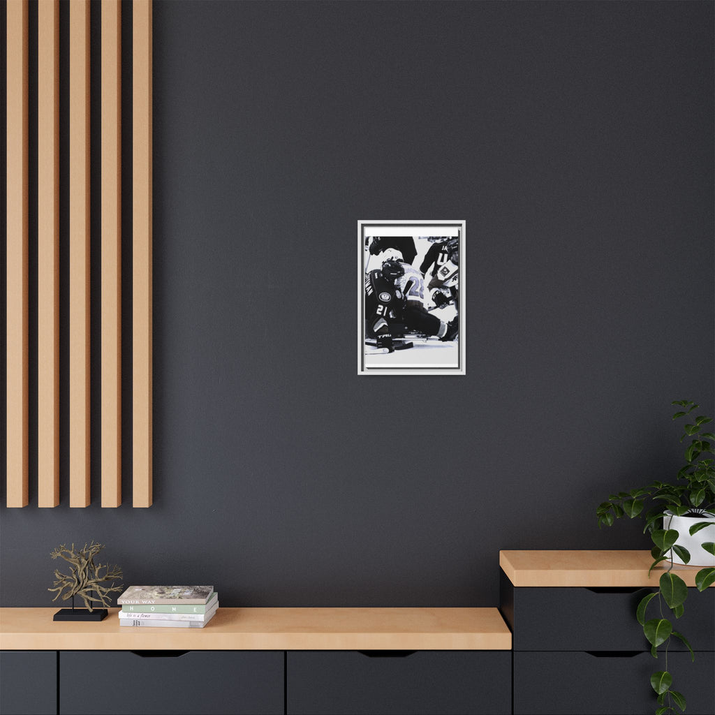 Framed Hockey Action Matte Canvas Print — Black & White Sports Wall Art