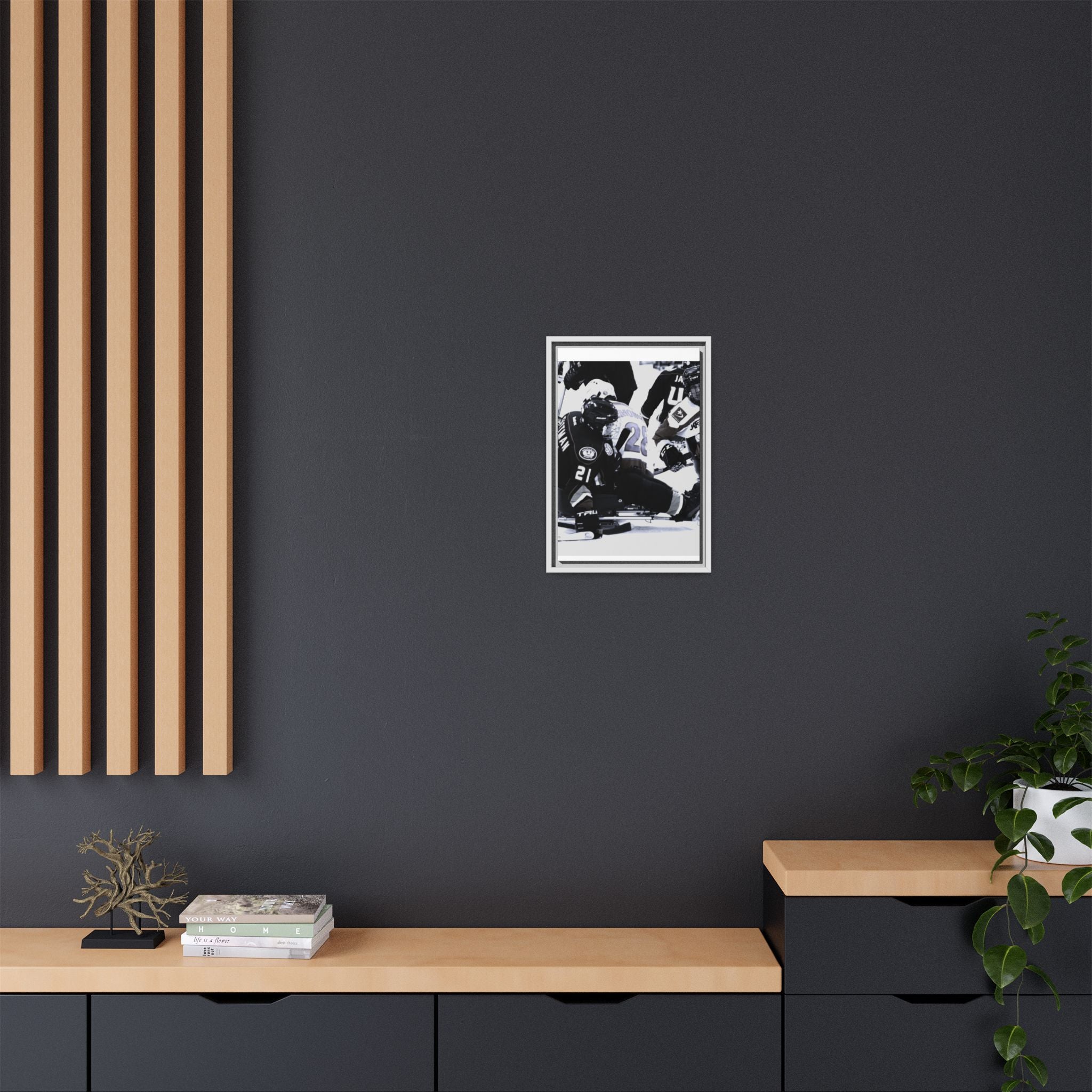 Framed Hockey Action Matte Canvas Print — Black & White Sports Wall Art