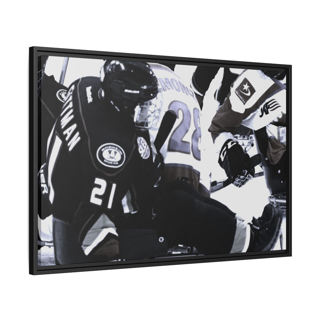 Framed Hockey Action Matte Canvas Print — Black & White Sports Wall Art
