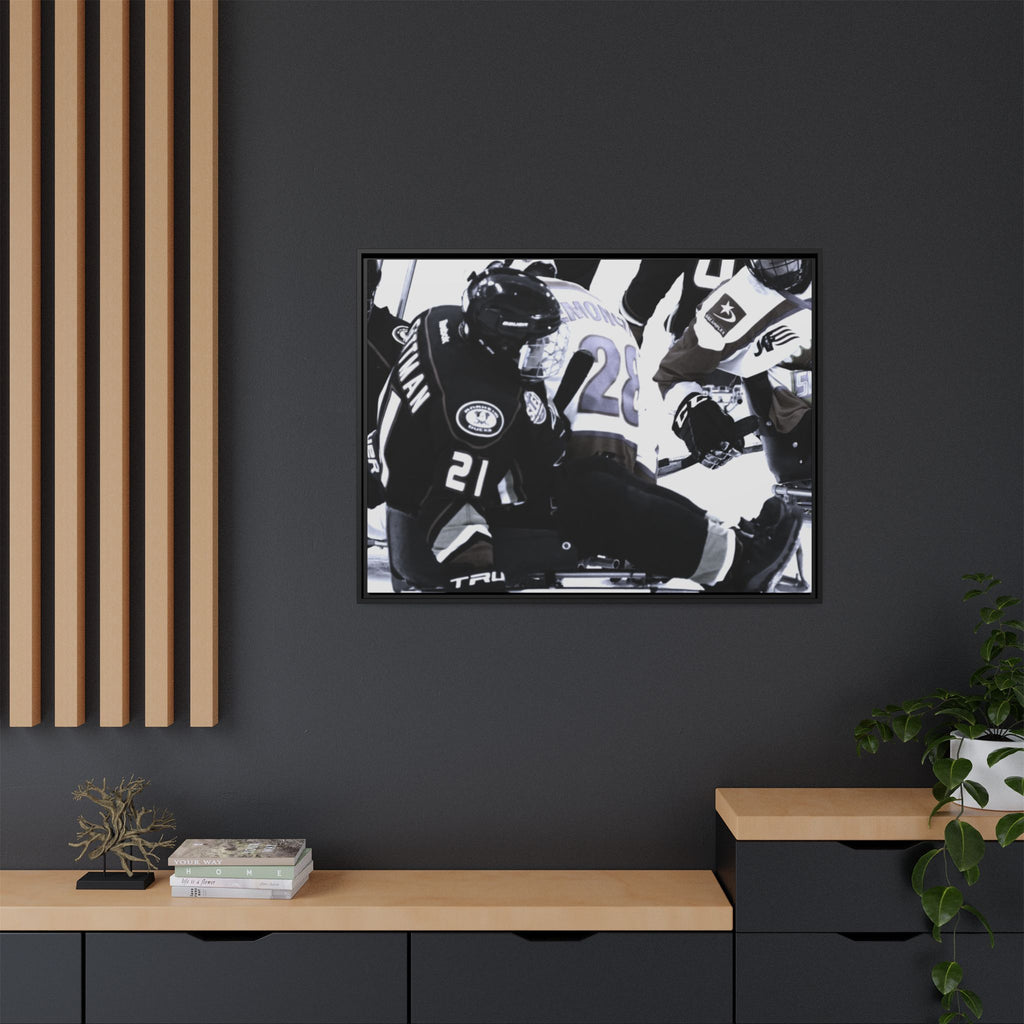Framed Hockey Action Matte Canvas Print — Black & White Sports Wall Art