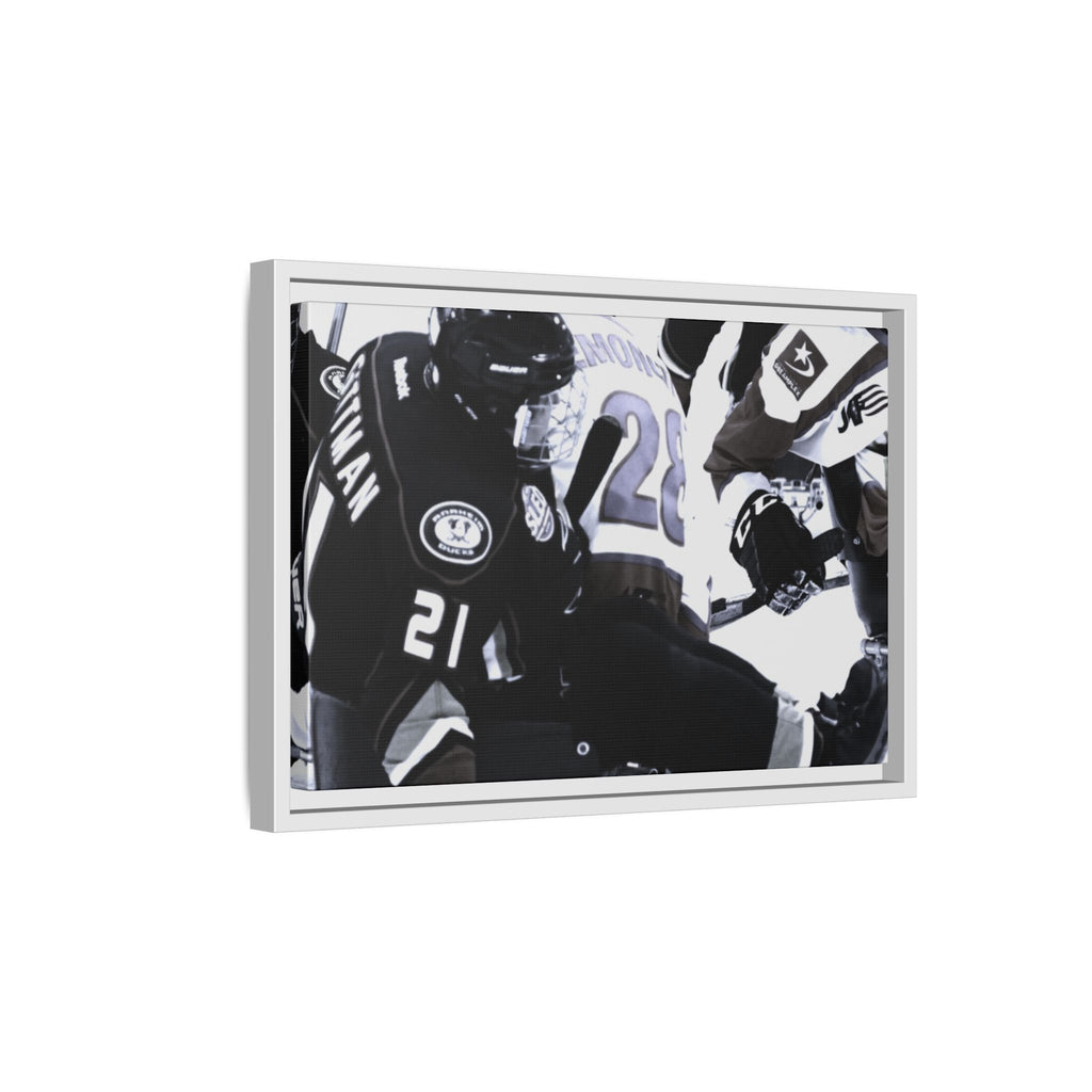 Framed Hockey Action Matte Canvas Print — Black & White Sports Wall Art