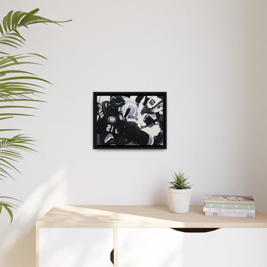 Framed Hockey Action Matte Canvas Print — Black & White Sports Wall Art