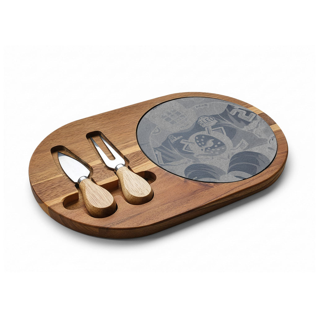 Engraved Oak Charcuterie Board with Marble Inlay & Cheese Knives
