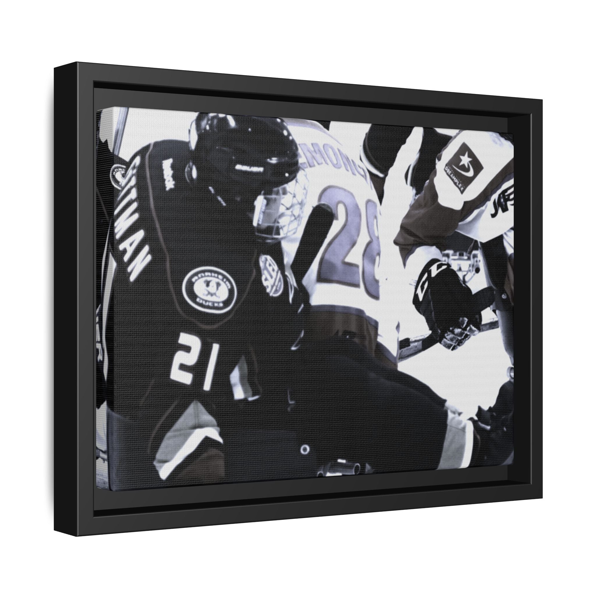 Framed Hockey Action Matte Canvas Print — Black & White Sports Wall Art