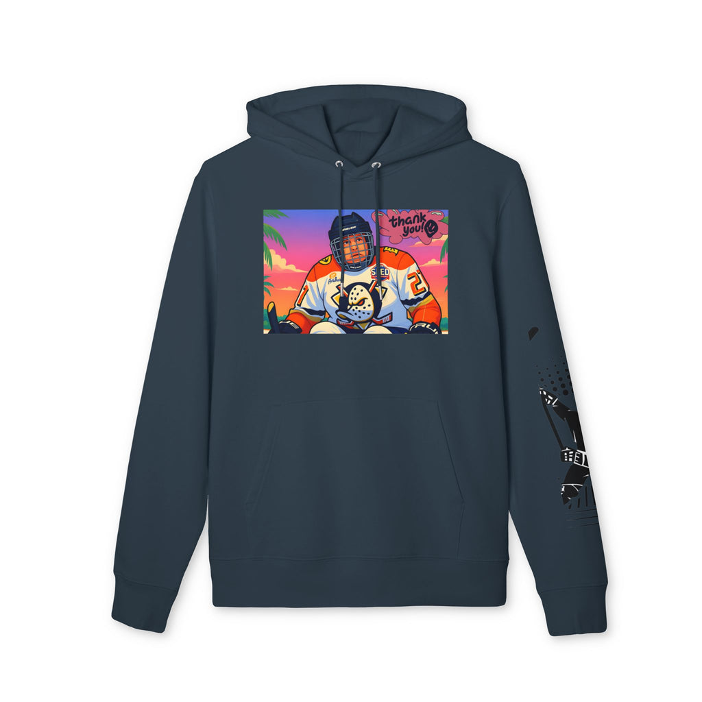 Hockey Player Graphic Hoodie — Retro Sunset Skate Design