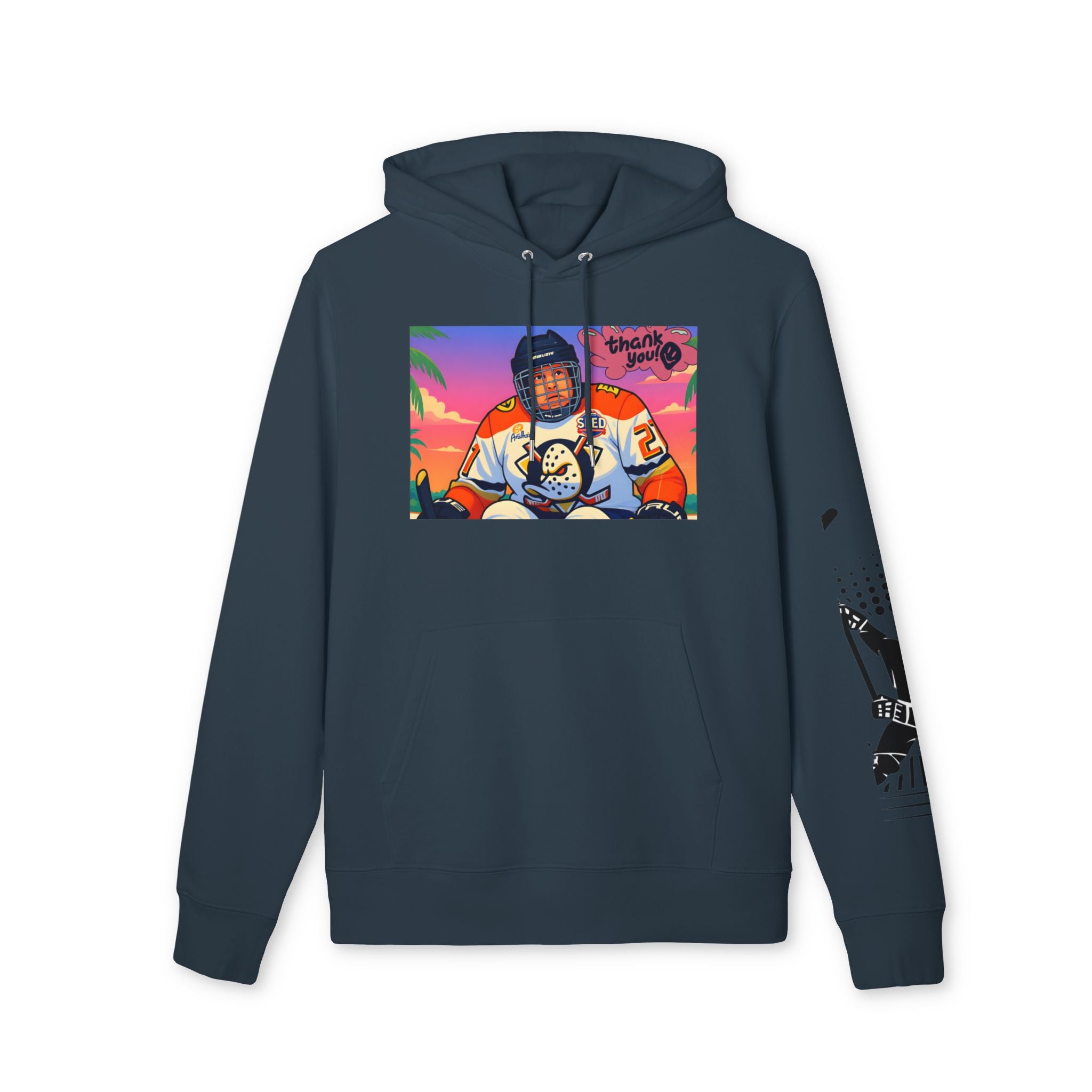 Hockey Player Graphic Hoodie — Retro Sunset Skate Design