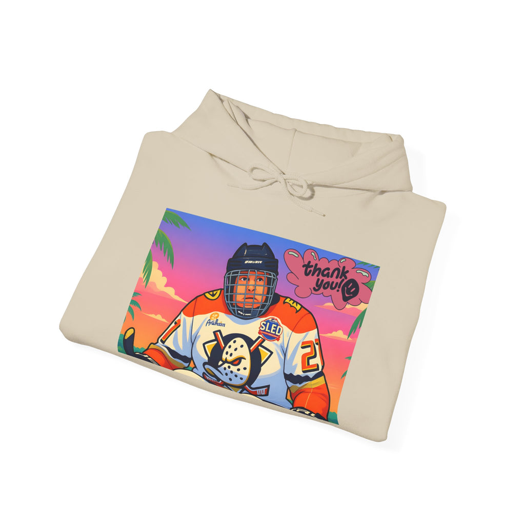 Hockey Player Retro Sunset Hoodie — Vintage Anaheim Skate Jersey Graphic