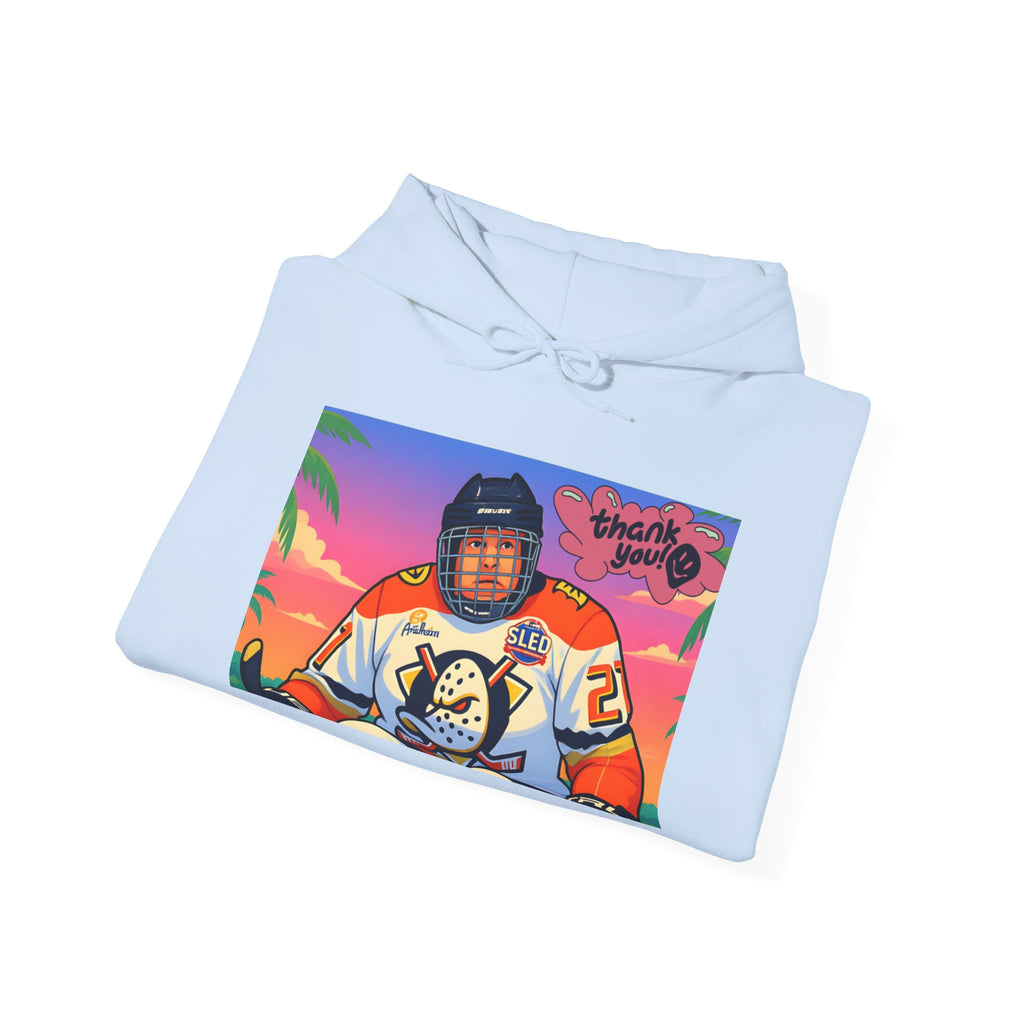 Hockey Player Retro Sunset Hoodie — Vintage Anaheim Skate Jersey Graphic