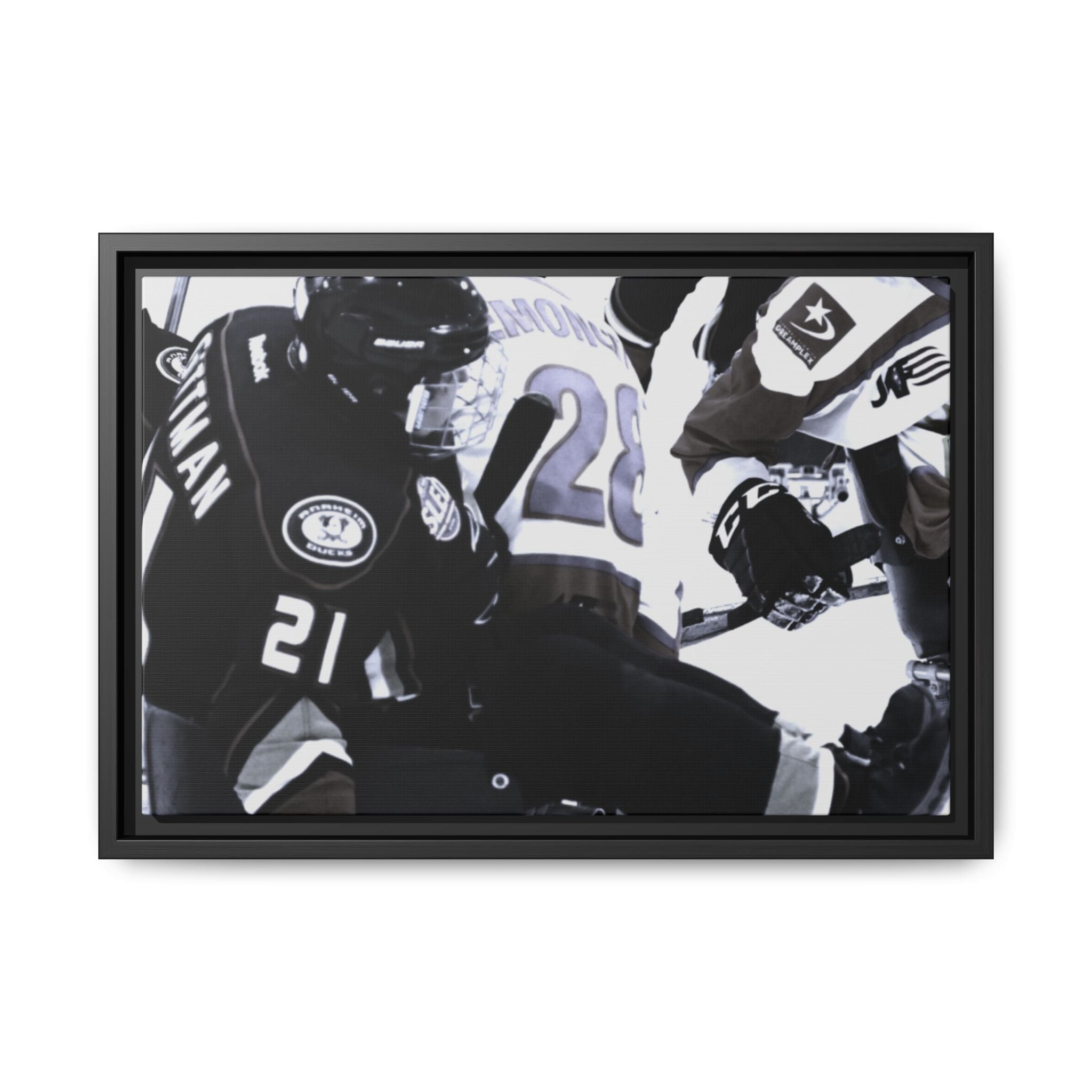 Framed Hockey Action Matte Canvas Print — Black & White Sports Wall Art
