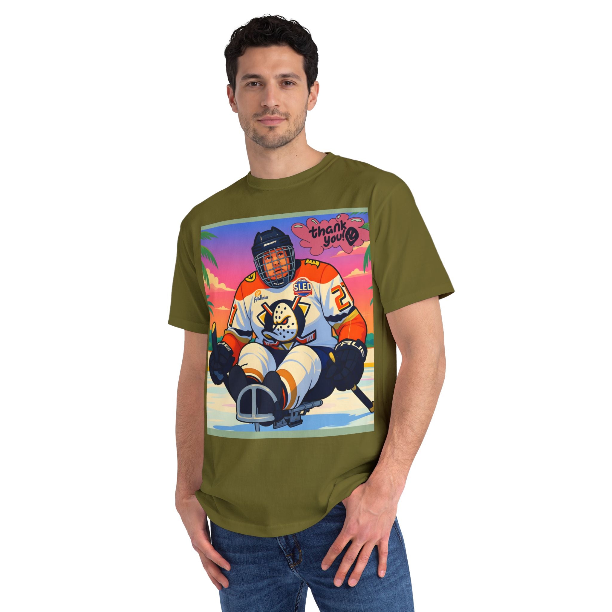 Hockey Sled Player Retro Sunset T-Shirt — 'thank you' Graphic