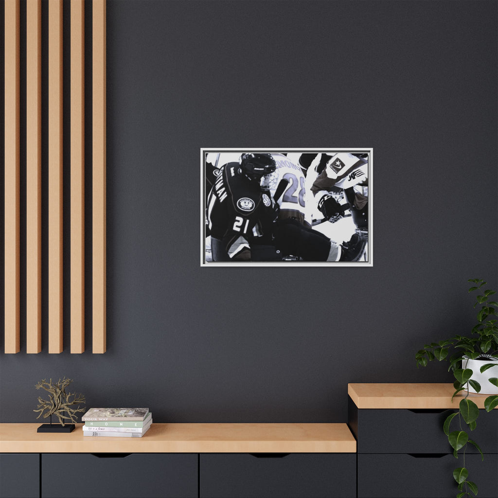 Framed Hockey Action Matte Canvas Print — Black & White Sports Wall Art
