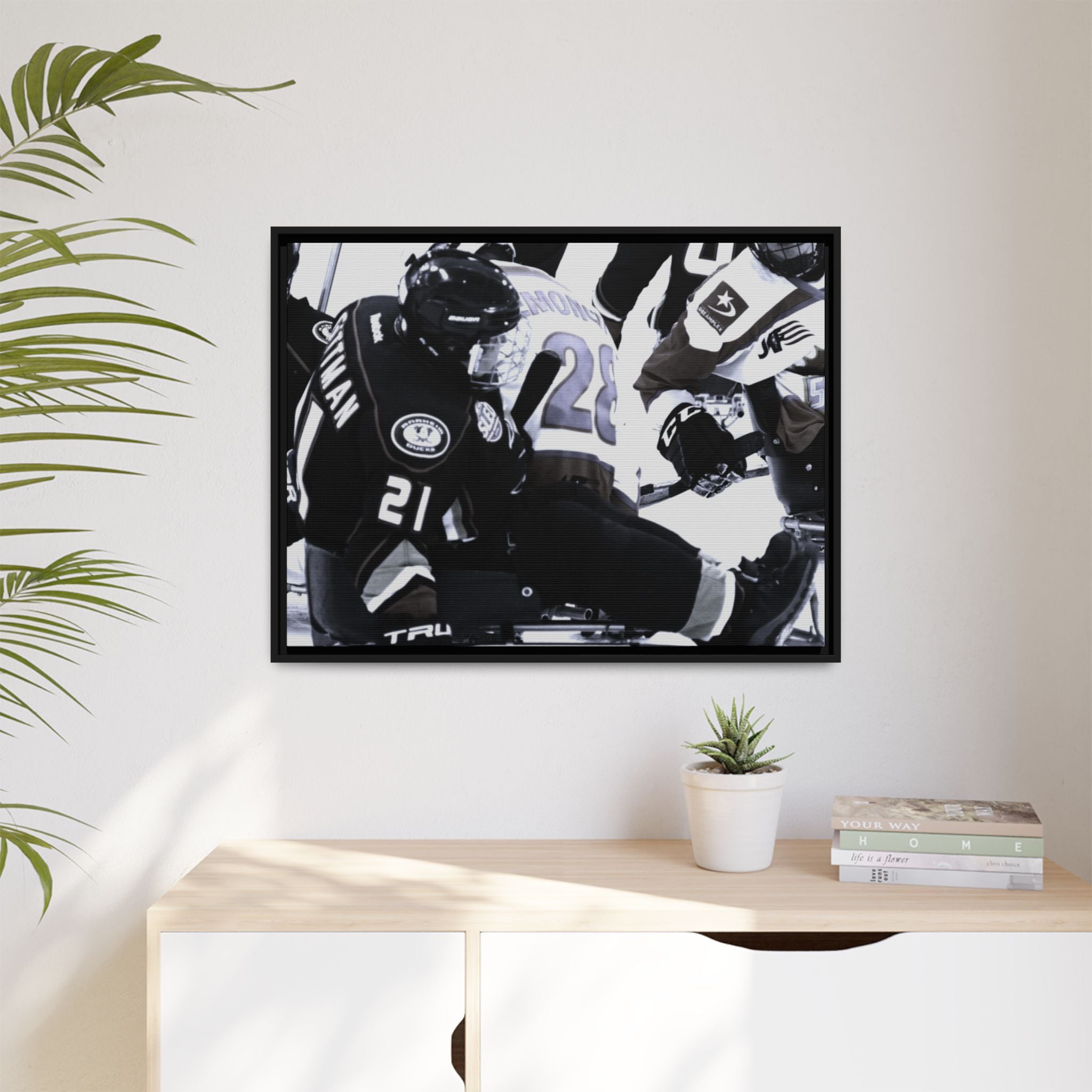 Framed Hockey Action Matte Canvas Print — Black & White Sports Wall Art