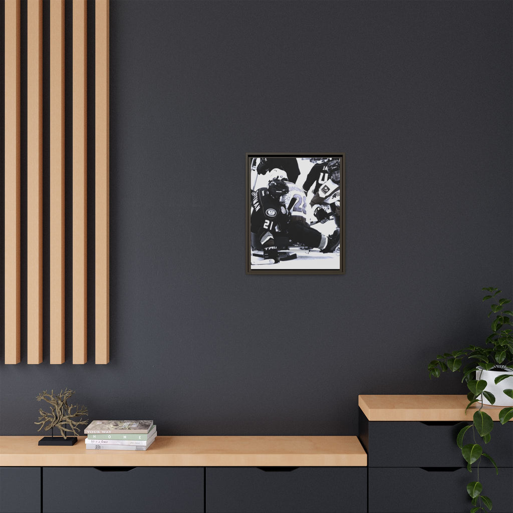 Framed Hockey Action Matte Canvas Print — Black & White Sports Wall Art