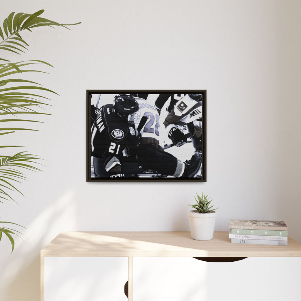 Framed Hockey Action Matte Canvas Print — Black & White Sports Wall Art