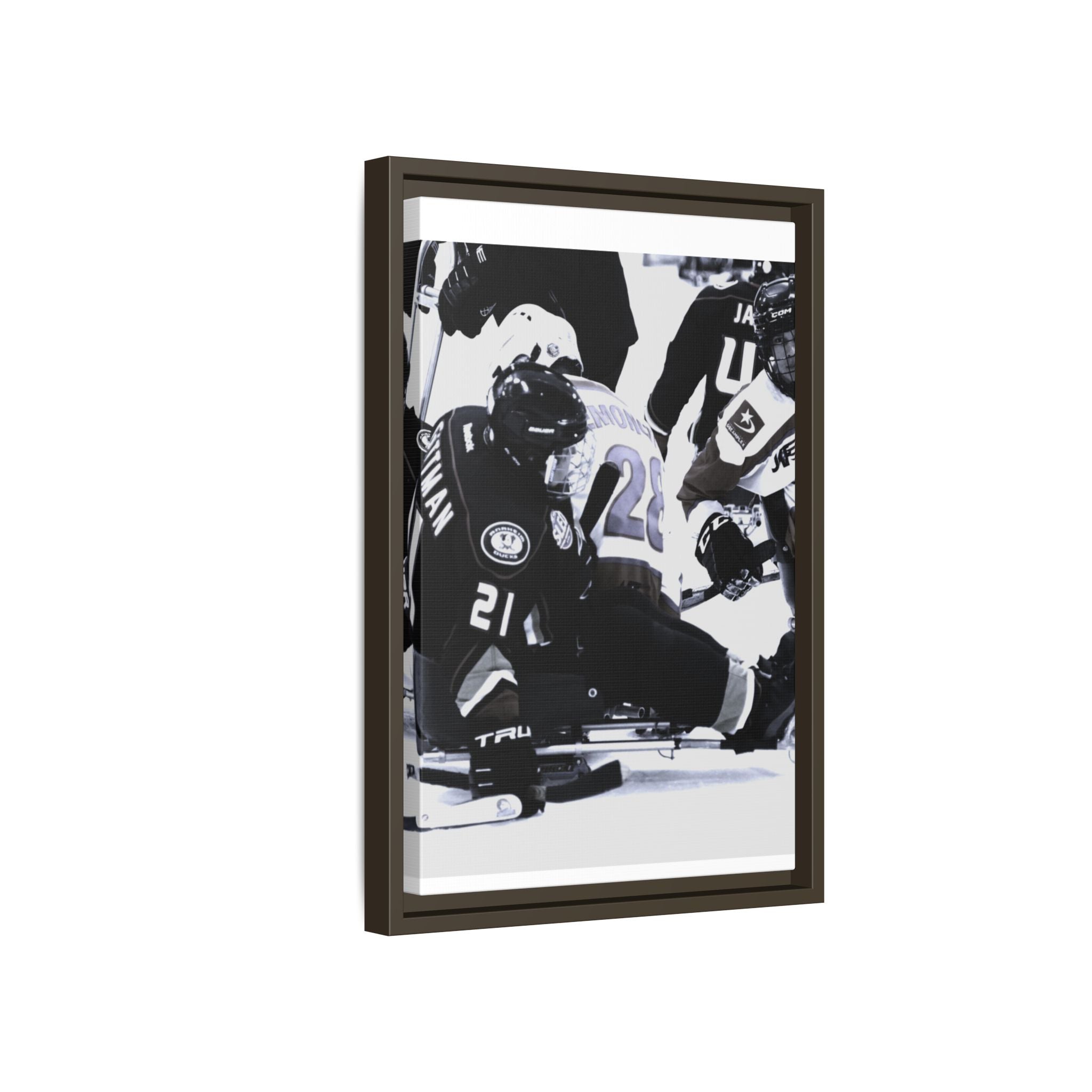 Framed Hockey Action Matte Canvas Print — Black & White Sports Wall Art