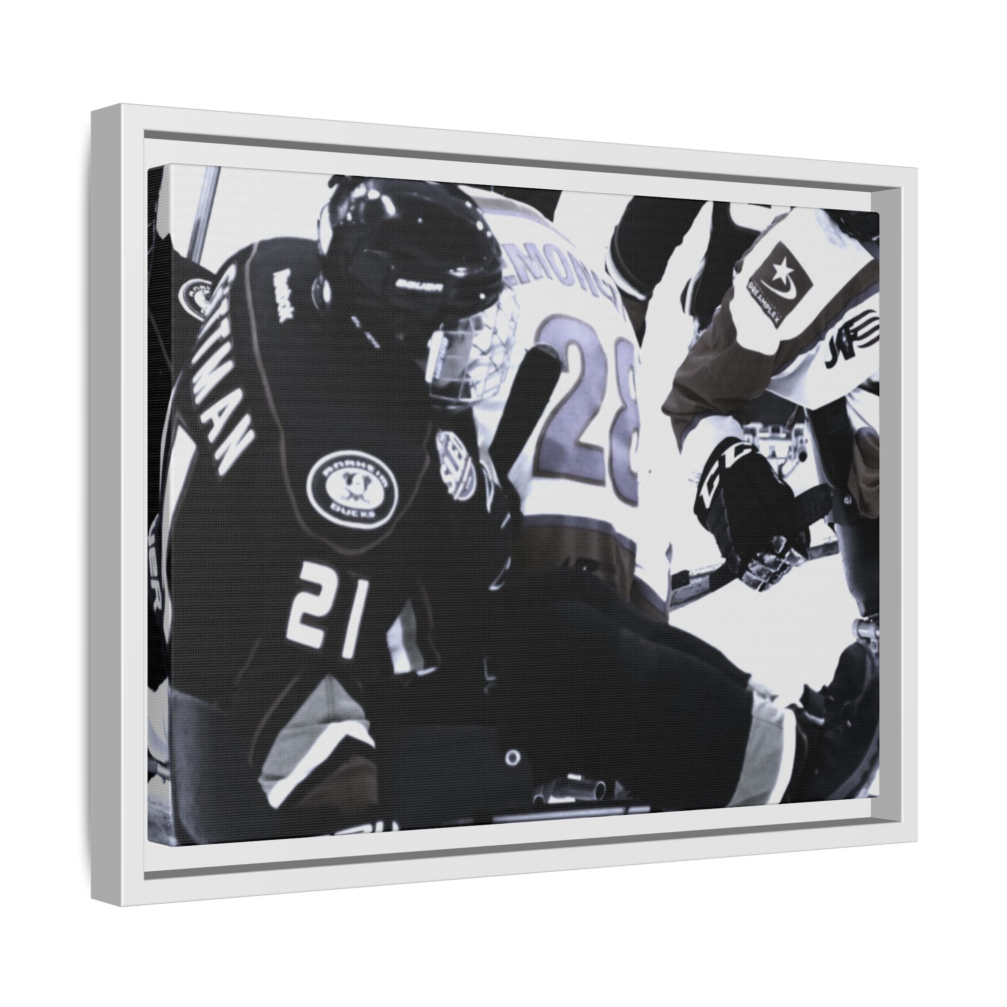 Framed Hockey Action Matte Canvas Print — Black & White Sports Wall Art