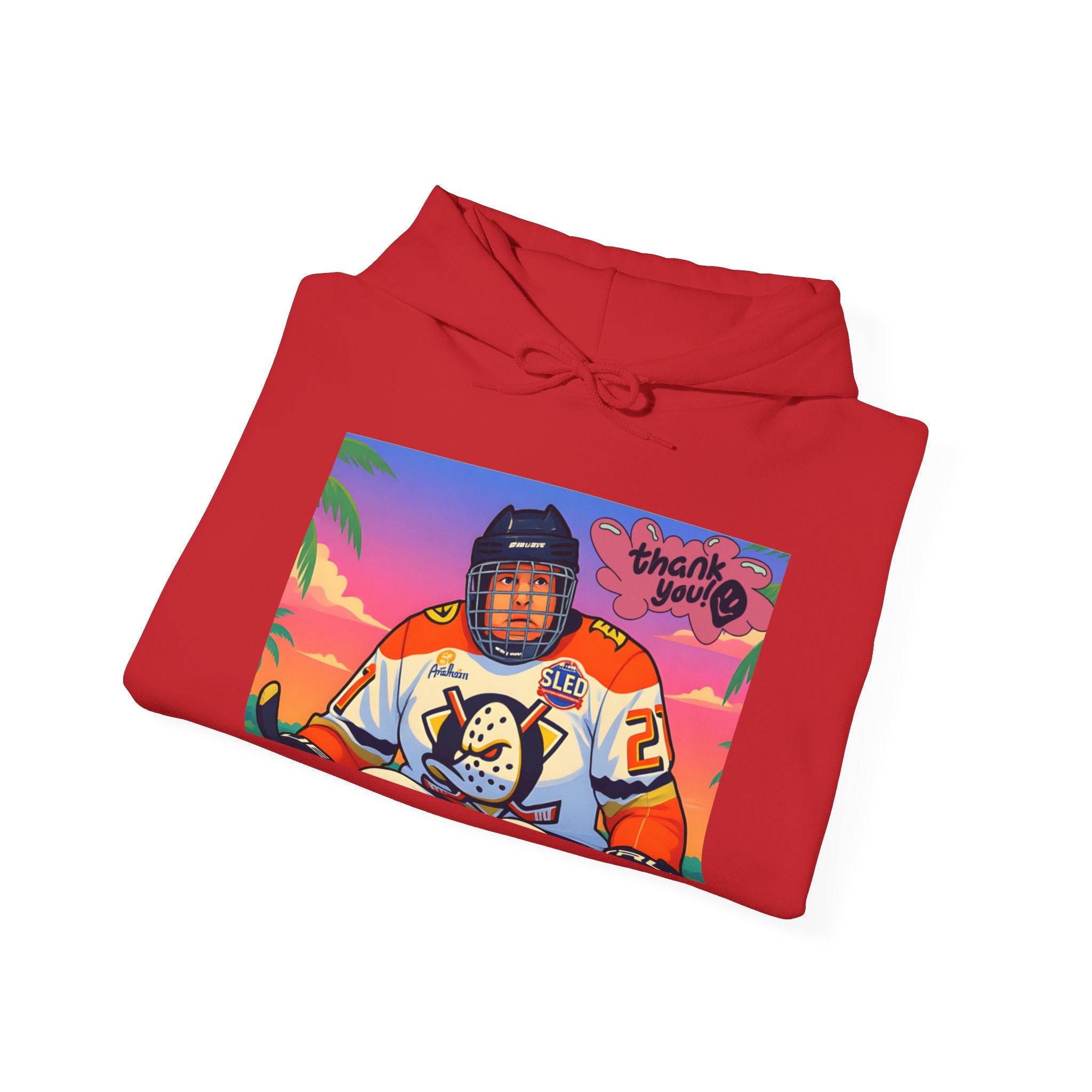 Hockey Player Retro Sunset Hoodie — Vintage Anaheim Skate Jersey Graphic